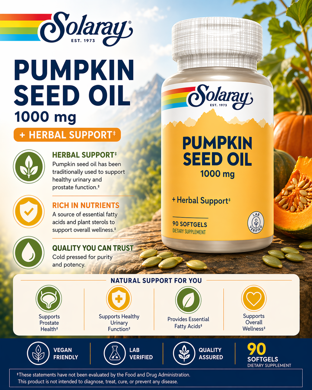 🌿 Solaray, Pumpkin Seed Oil, 1,000 mg, 90 Softgels