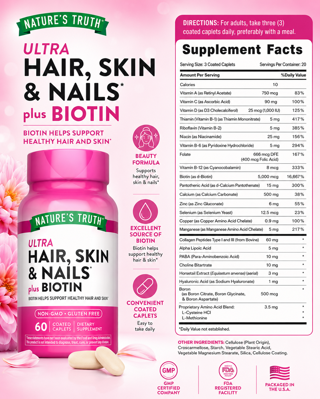 🌿 Nature's Truth, Ultra Hair, Skin & Nails Plus Biotin, 60 Coated Caplets