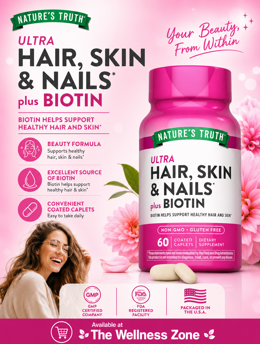 🌿 Nature's Truth, Ultra Hair, Skin & Nails Plus Biotin, 60 Coated Caplets
