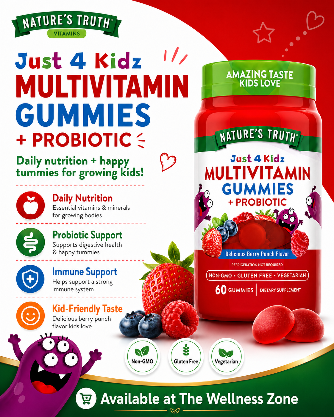 🌿 Nature's Truth, Just 4 Kidz, Multivitamin + Probiotic Gummies, Berry Punch, 60 Gummies