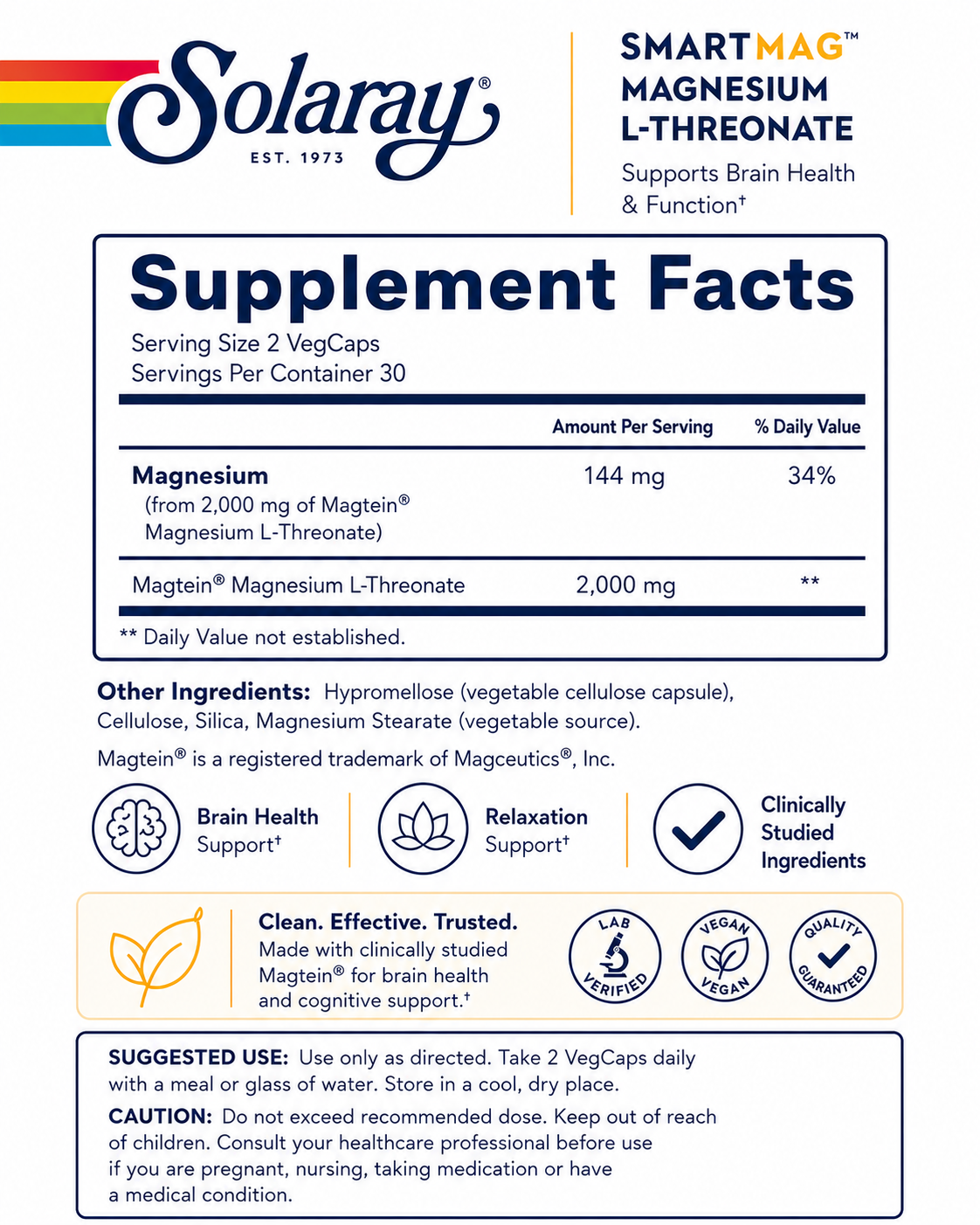 🌿 Solaray, SmartMag™ Magnesium L-Threonate, 90 VegCaps (48 mg per VegCap)