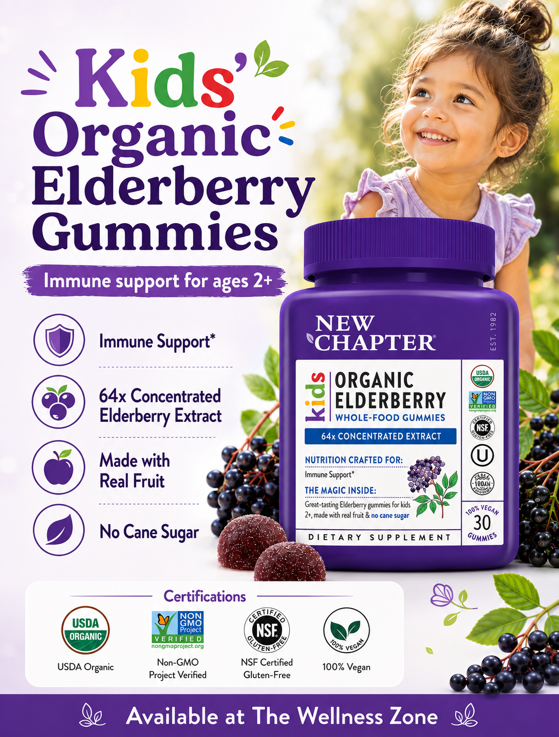 🌿 New Chapter, Kids, Organic Elderberry Whole-Food Gummies, Ages 2+, 30 Vegan Gummies