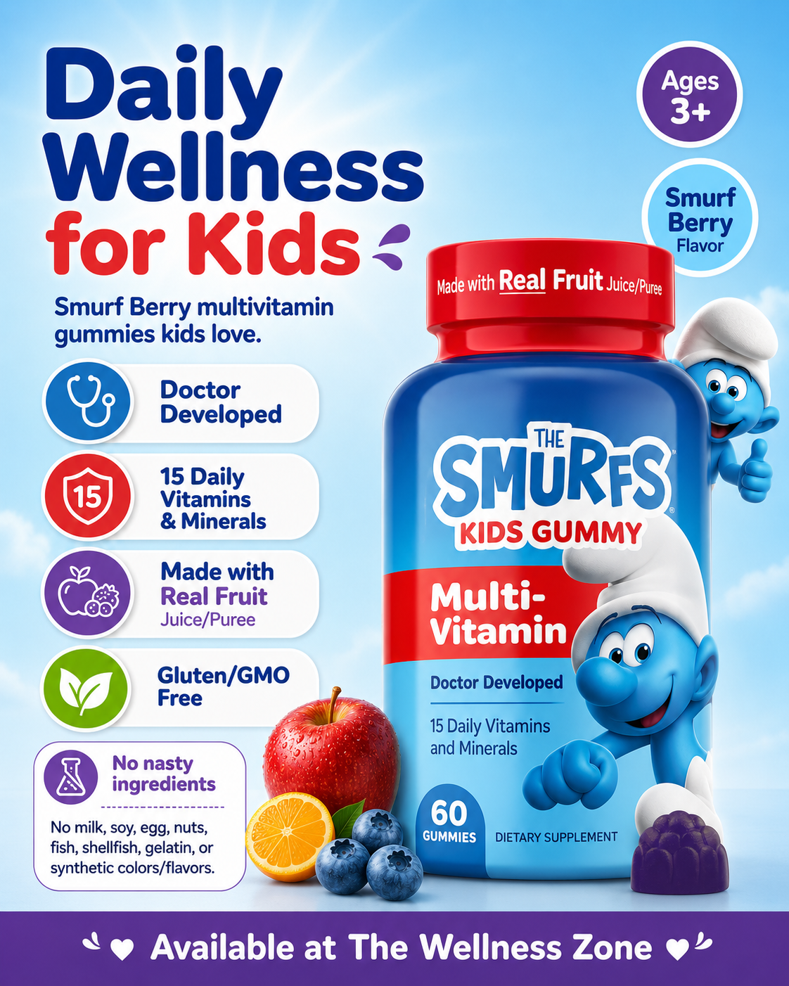 🌿 The Smurfs, Kids Gummy, Multi-Vitamin, Ages 3+, Smurf Berry, 60 Gummies