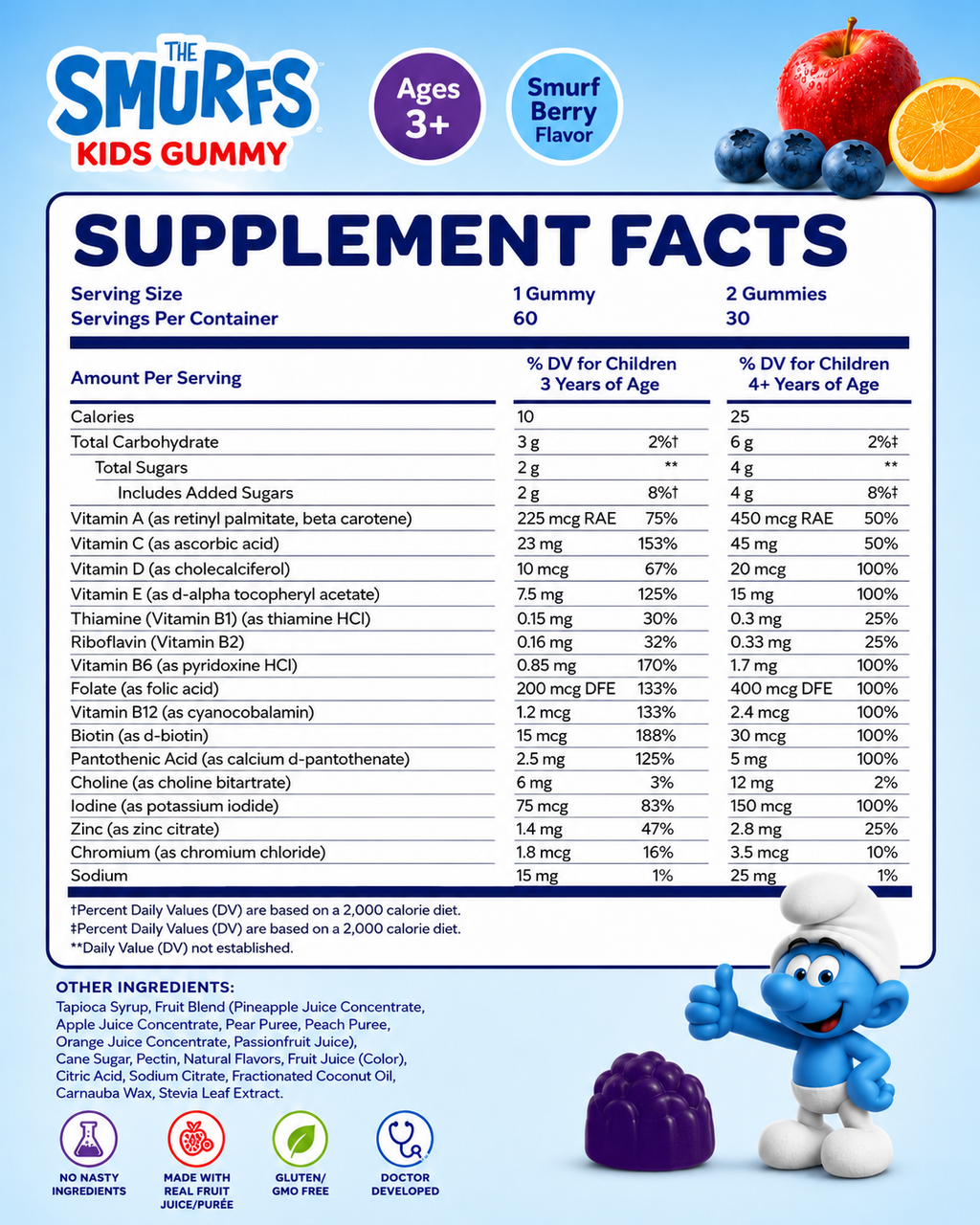 🌿 The Smurfs, Kids Gummy, Multi-Vitamin, Ages 3+, Smurf Berry, 60 Gummies
