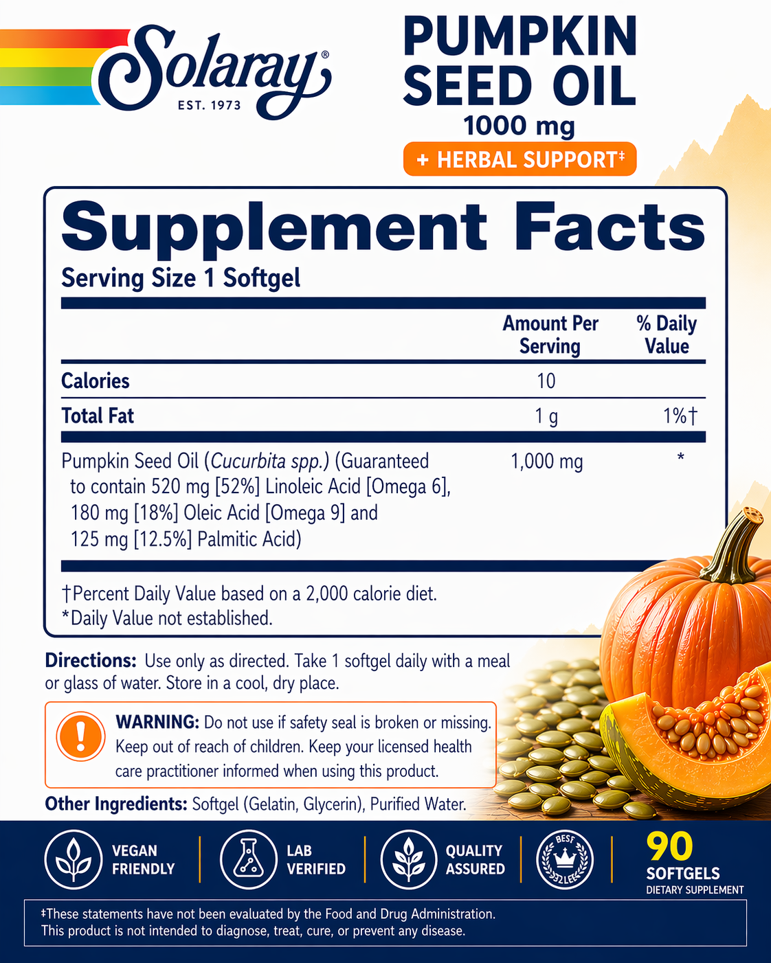 🌿 Solaray, Pumpkin Seed Oil, 1,000 mg, 90 Softgels