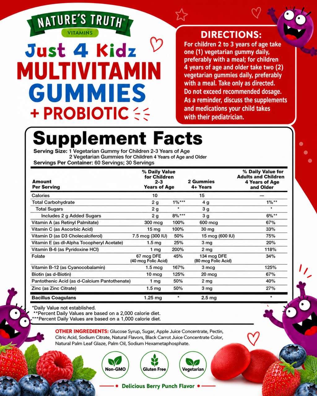 🌿 Nature's Truth, Just 4 Kidz, Multivitamin + Probiotic Gummies, Berry Punch, 60 Gummies