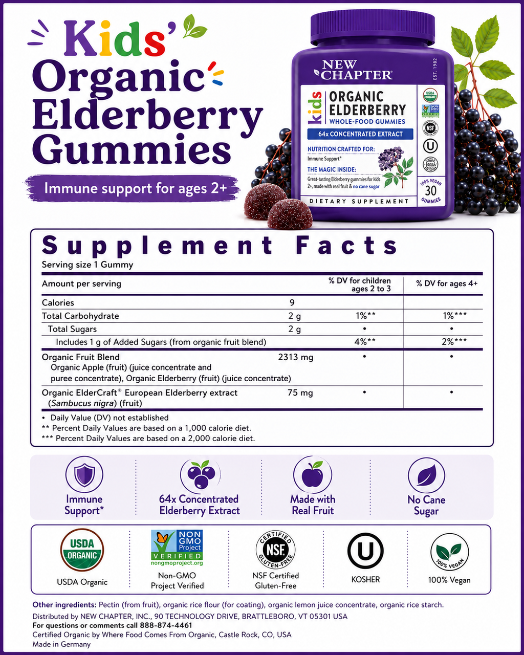 🌿 New Chapter, Kids, Organic Elderberry Whole-Food Gummies, Ages 2+, 30 Vegan Gummies