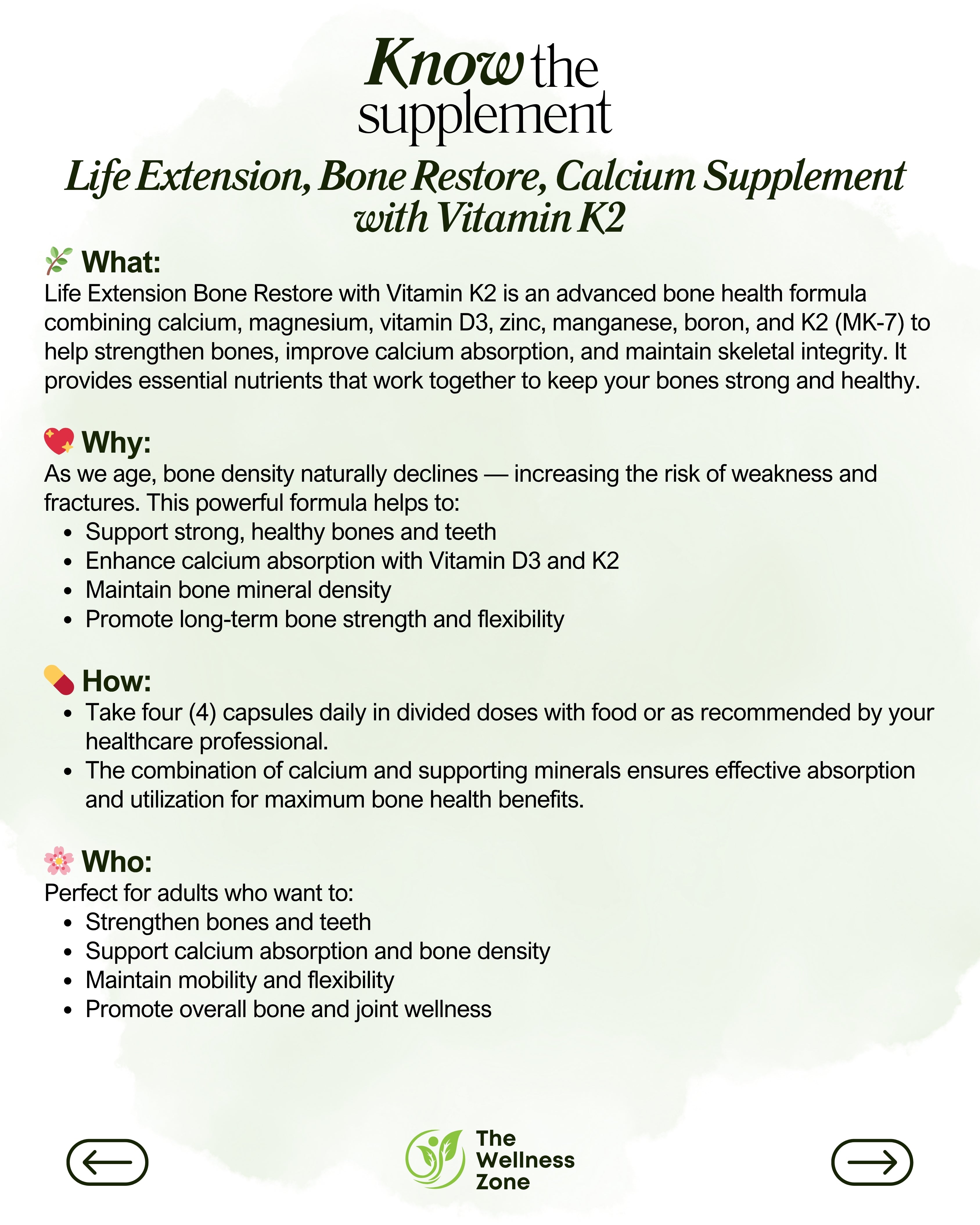 🌿 Life Extension, Bone Restore, Calcium Supplement with Vitamin K2, 120 Capsules