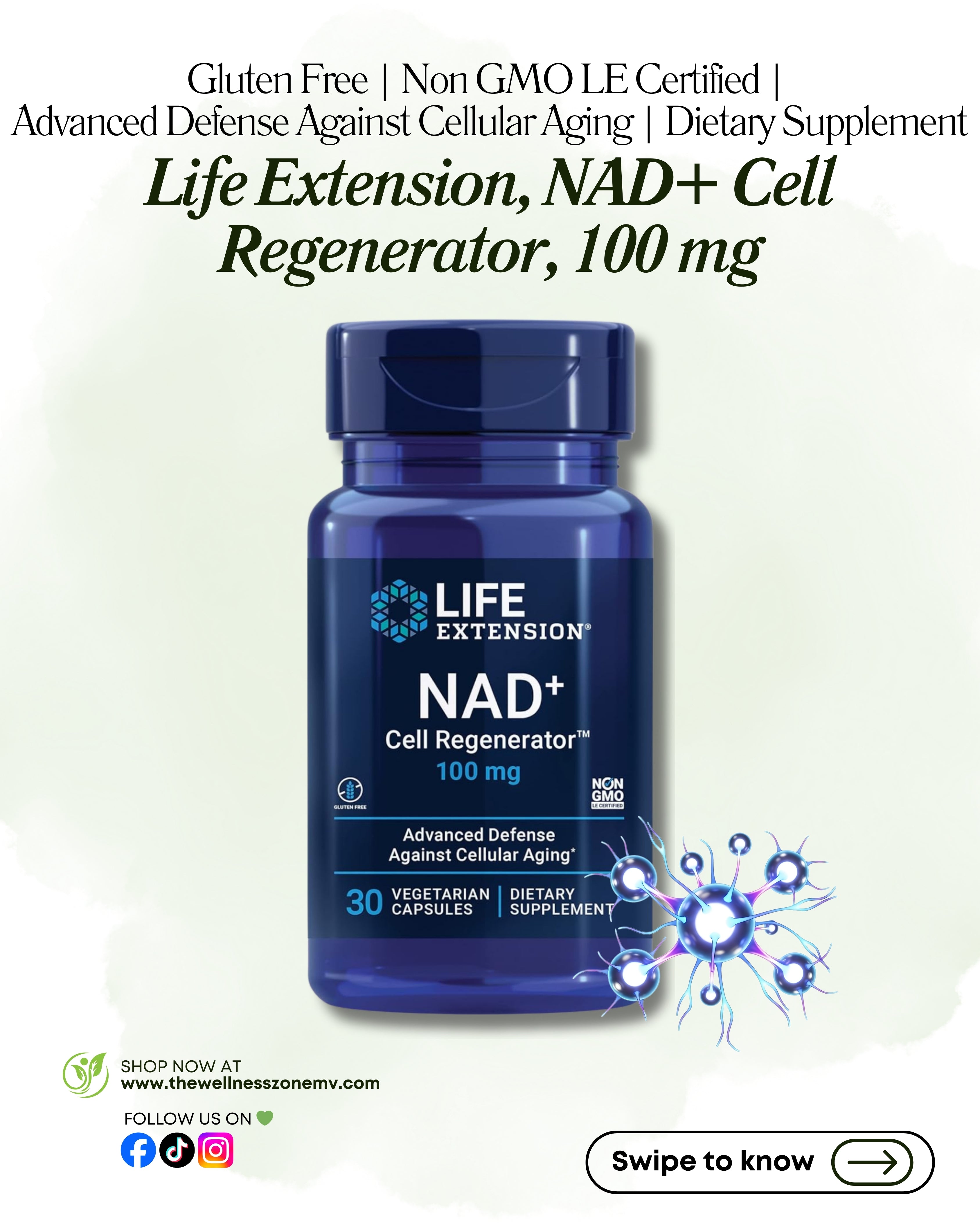 🌿 Life Extension, NAD+ Cell Regenerator, 100 mg, 30 Vegetarian Capsules