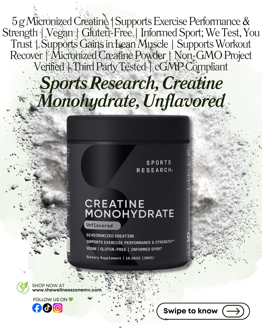 🌿 Sports Research, Creatine Monohydrate, Unflavored, 10.58 oz (300 g) 60 Servings