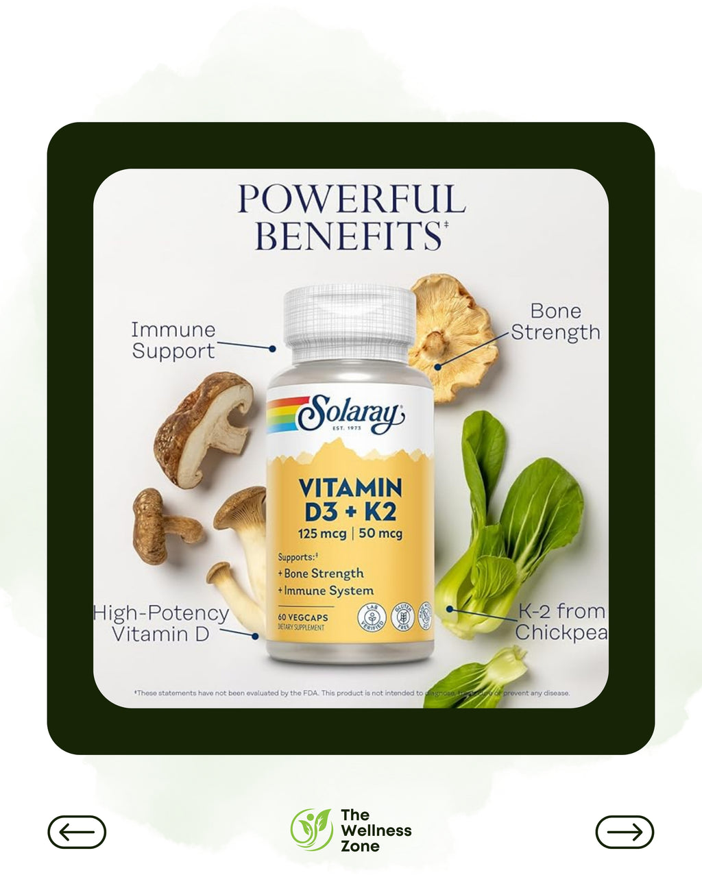 🌿 Solaray, Vitamin D3 + K2, 60 VegCaps