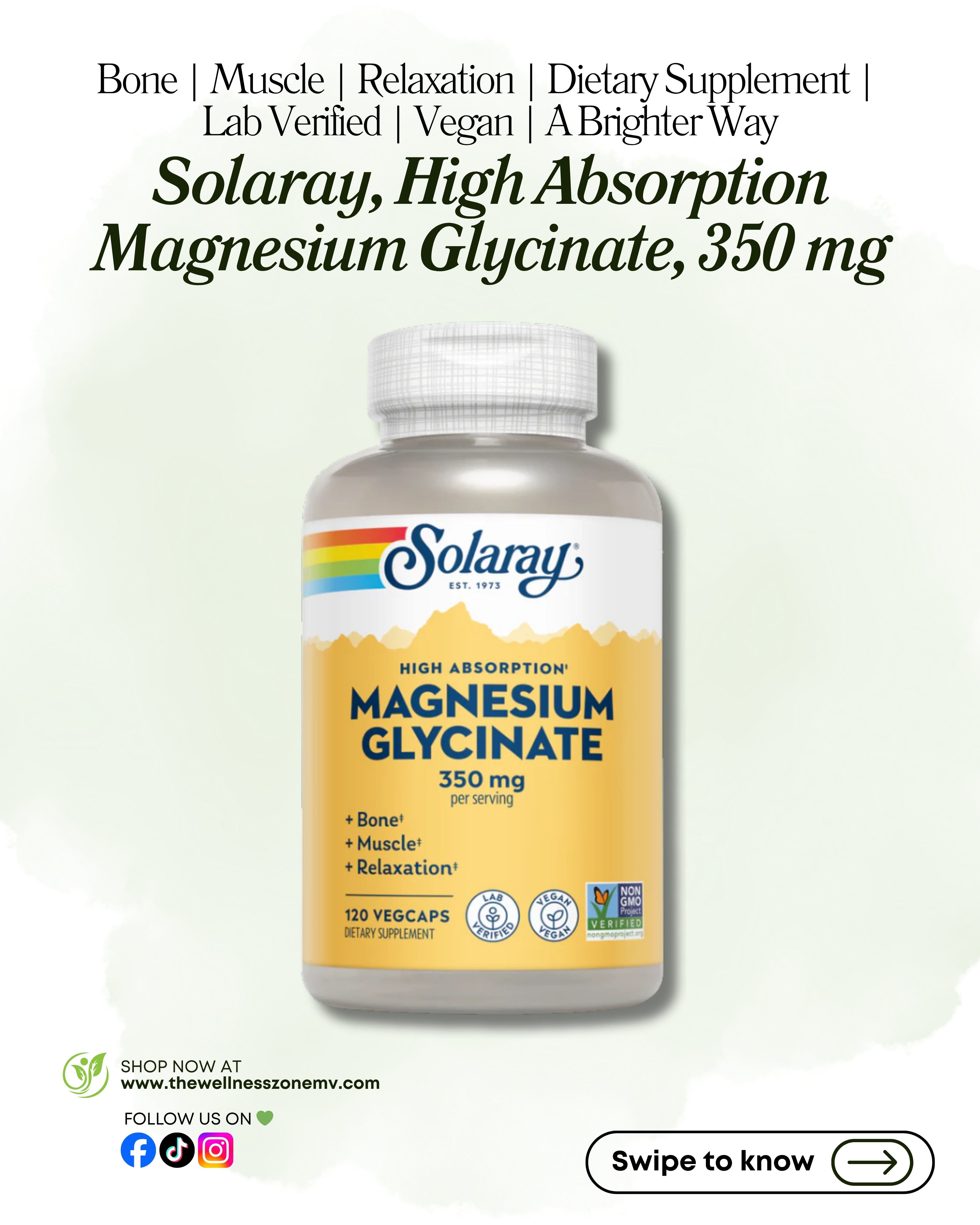 🌿 Solaray, High Absorption Magnesium Glycinate, 350 mg, 120 VegCaps