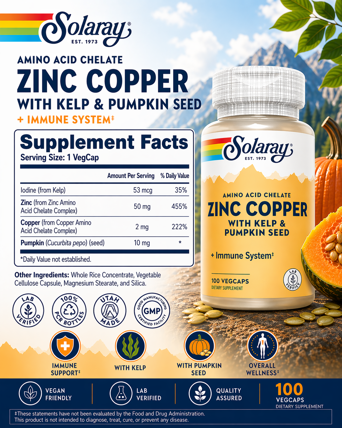 🌿 Solaray, Zinc Copper with Kelp & Pumpkin Seed, 100 VegCaps