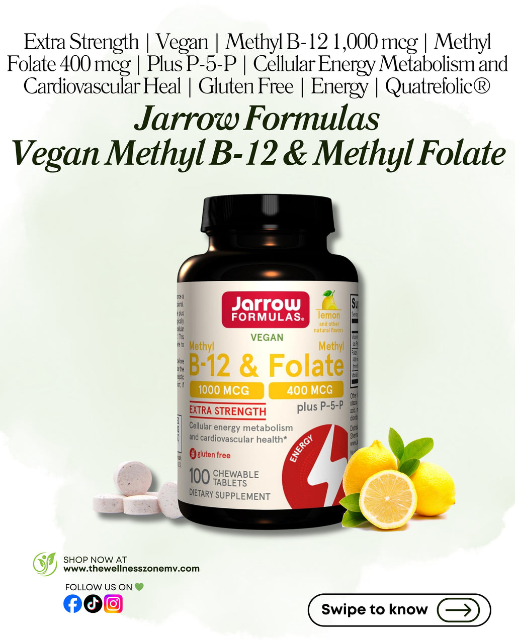 🌿 Jarrow Formulas, Vegan Methyl B-12 & Methyl Folate, Lemon, 100 Chewable Tablets