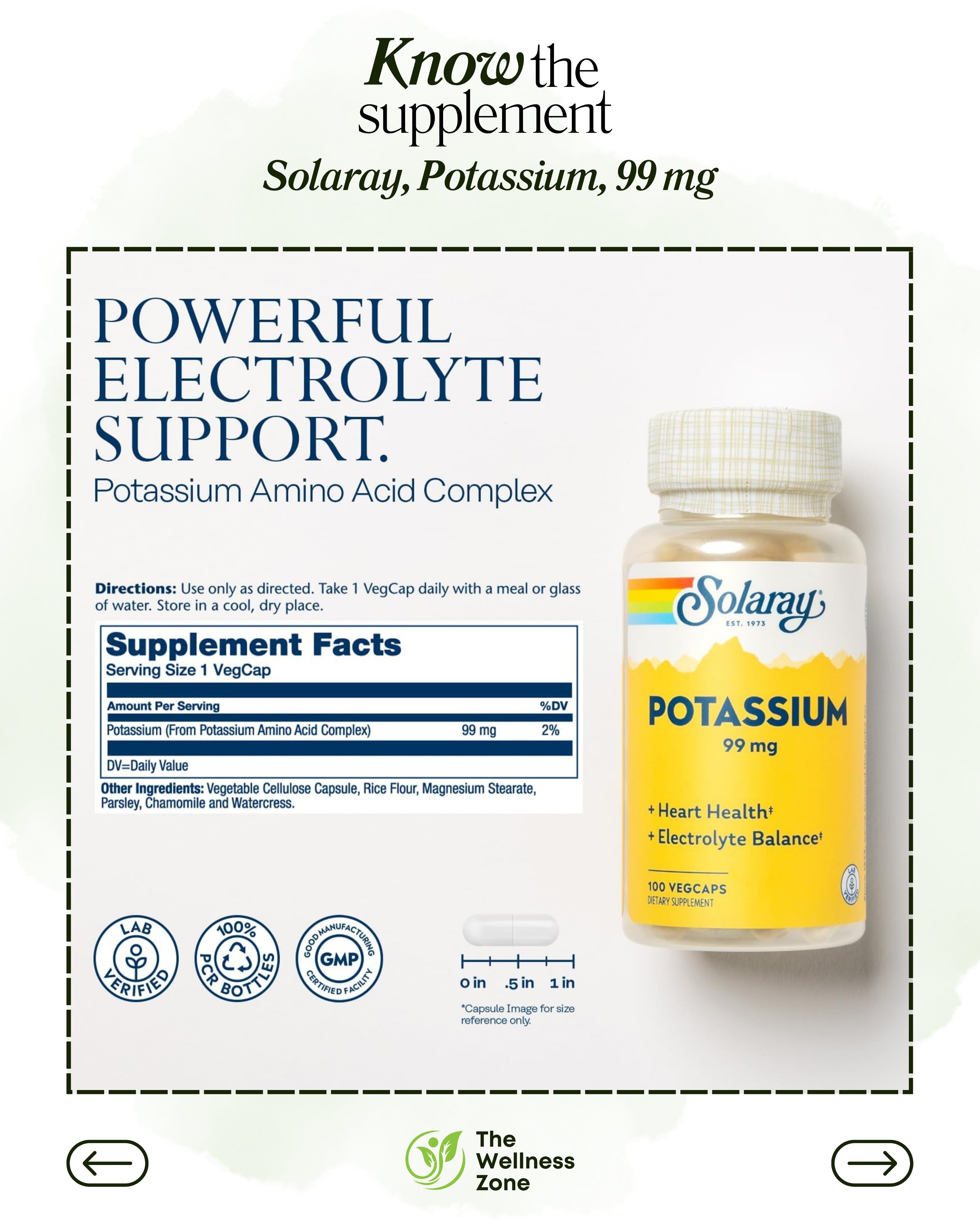 🌿 Solaray, Potassium, 99 mg, 100 VegCaps