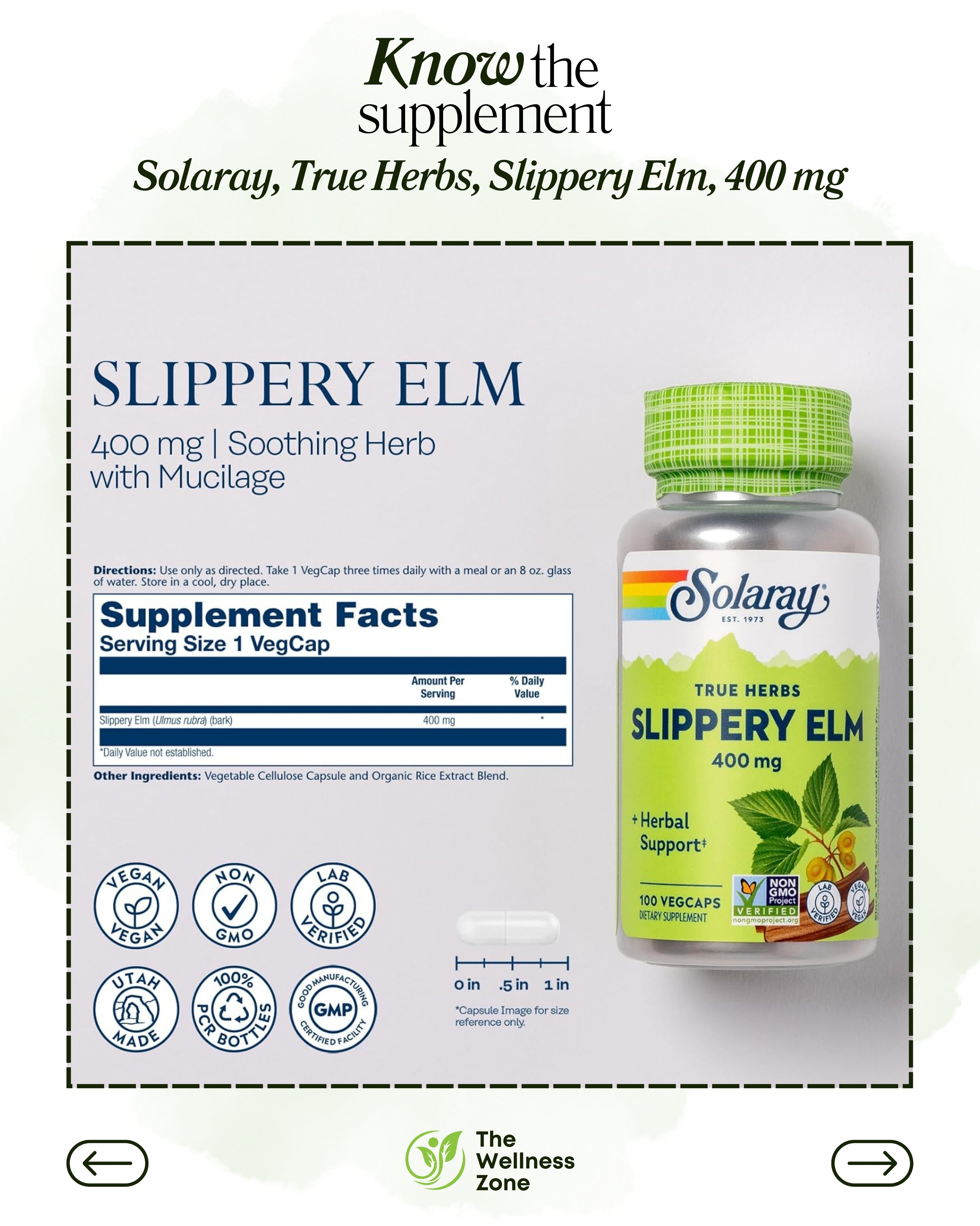🌿 Solaray, True Herbs, Slippery Elm, 400 mg, 100 VegCaps