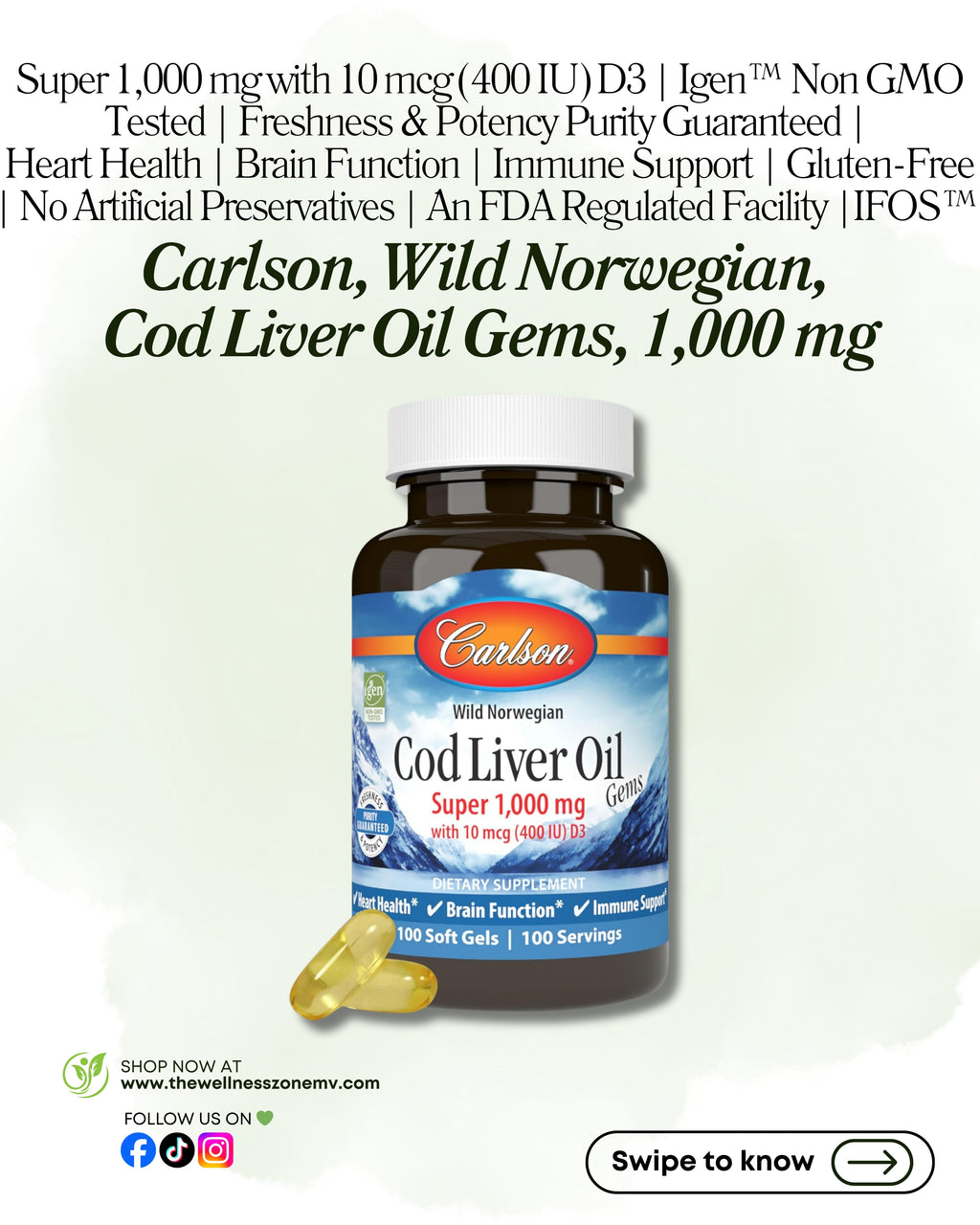 🌿 Carlson, Wild Norwegian, Cod Liver Oil Gems, 1,000 mg, 100 Soft Gels