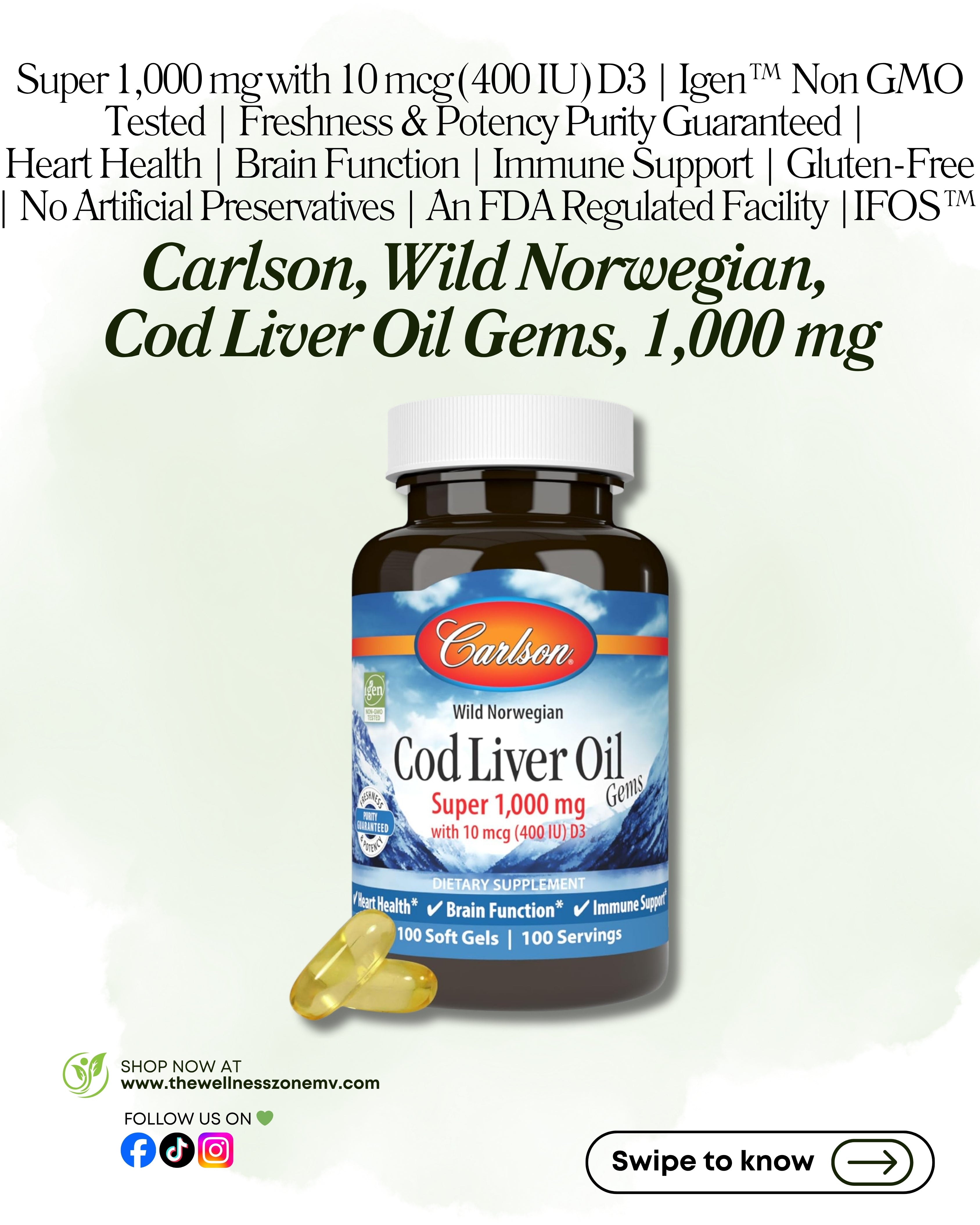 🌿 Carlson, Wild Norwegian, Cod Liver Oil Gems, 1,000 mg, 100 Soft Gels