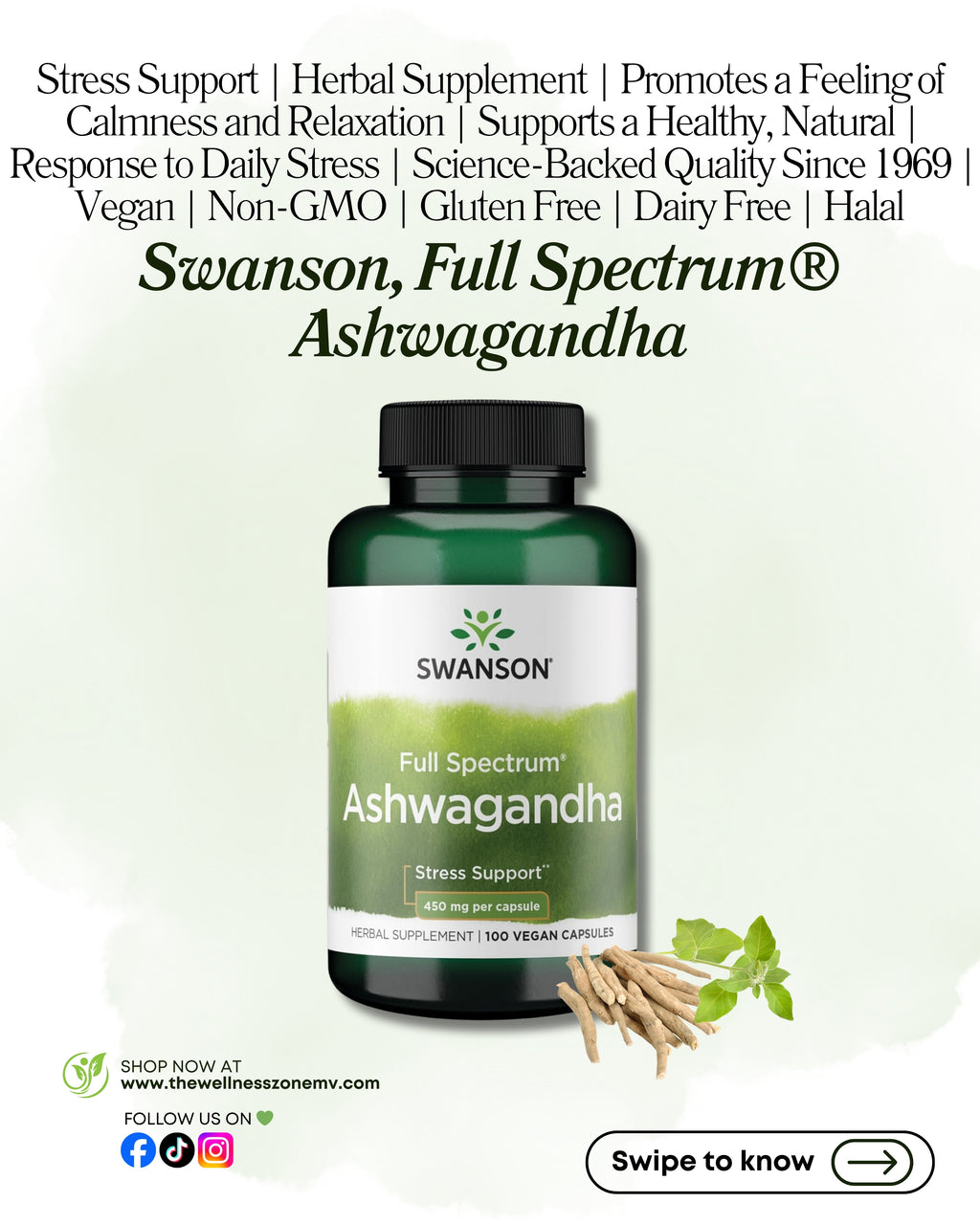🌿 Swanson, Full Spectrum® Ashwagandha, 100 Vegan Capsules (450 mg per Capsule)