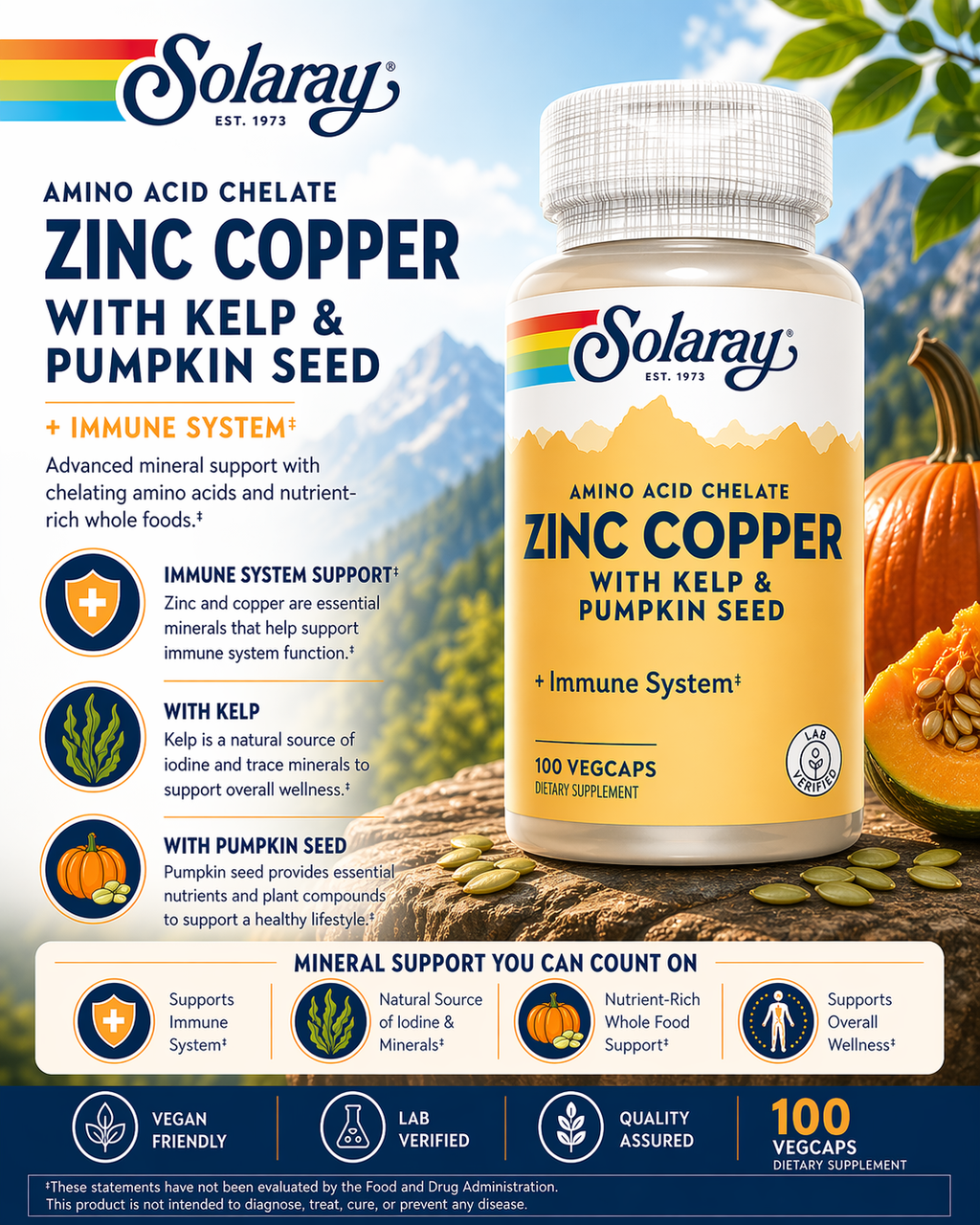 🌿 Solaray, Zinc Copper with Kelp & Pumpkin Seed, 100 VegCaps