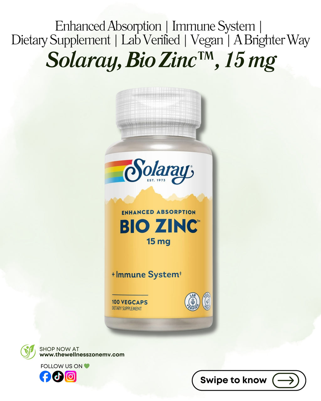 🌿 Solaray, Bio Zinc™, 15 mg, 100 VegCaps