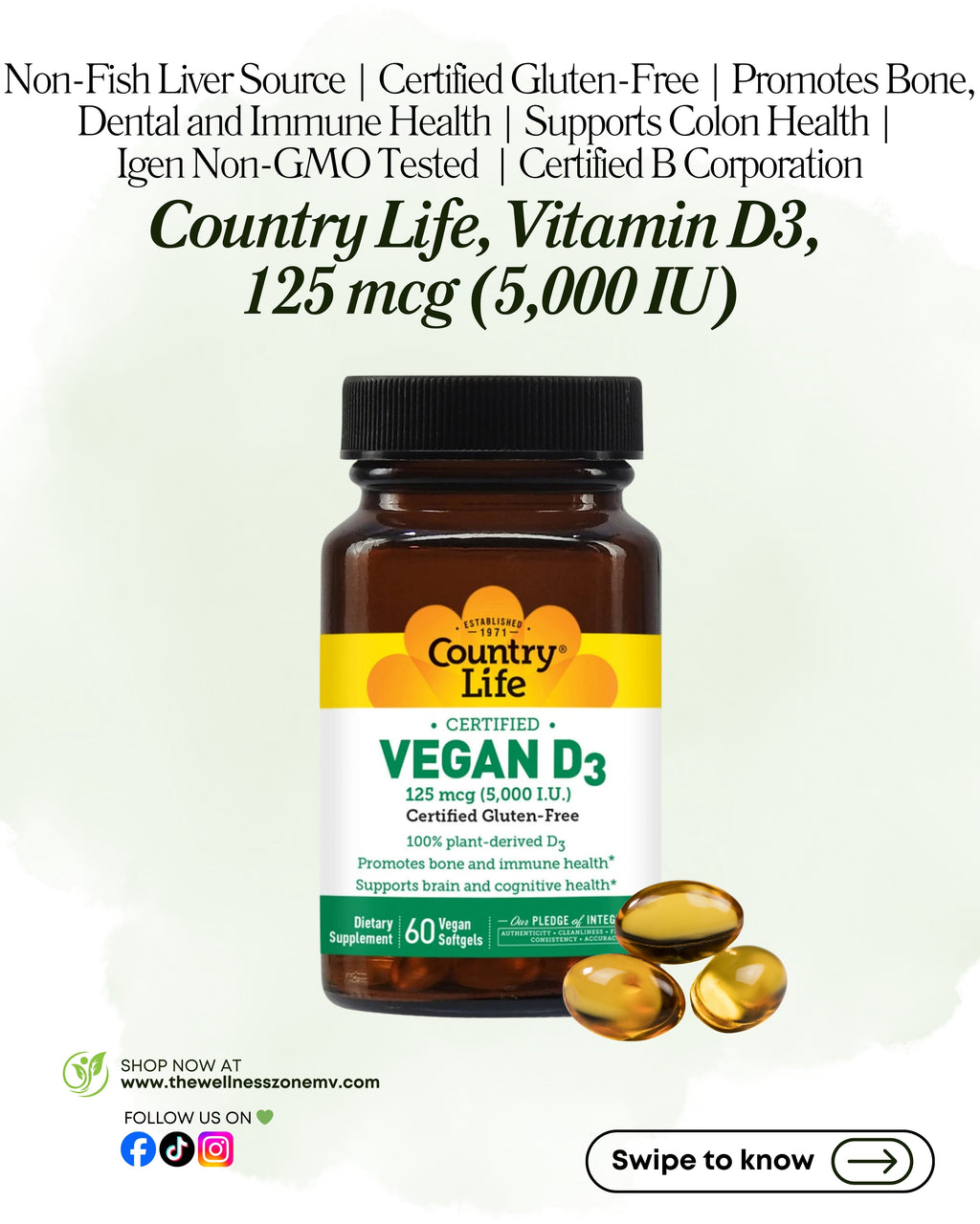 🌿 Country Life, Vitamin D3, 125 mcg (5,000 IU), 60 Softgels