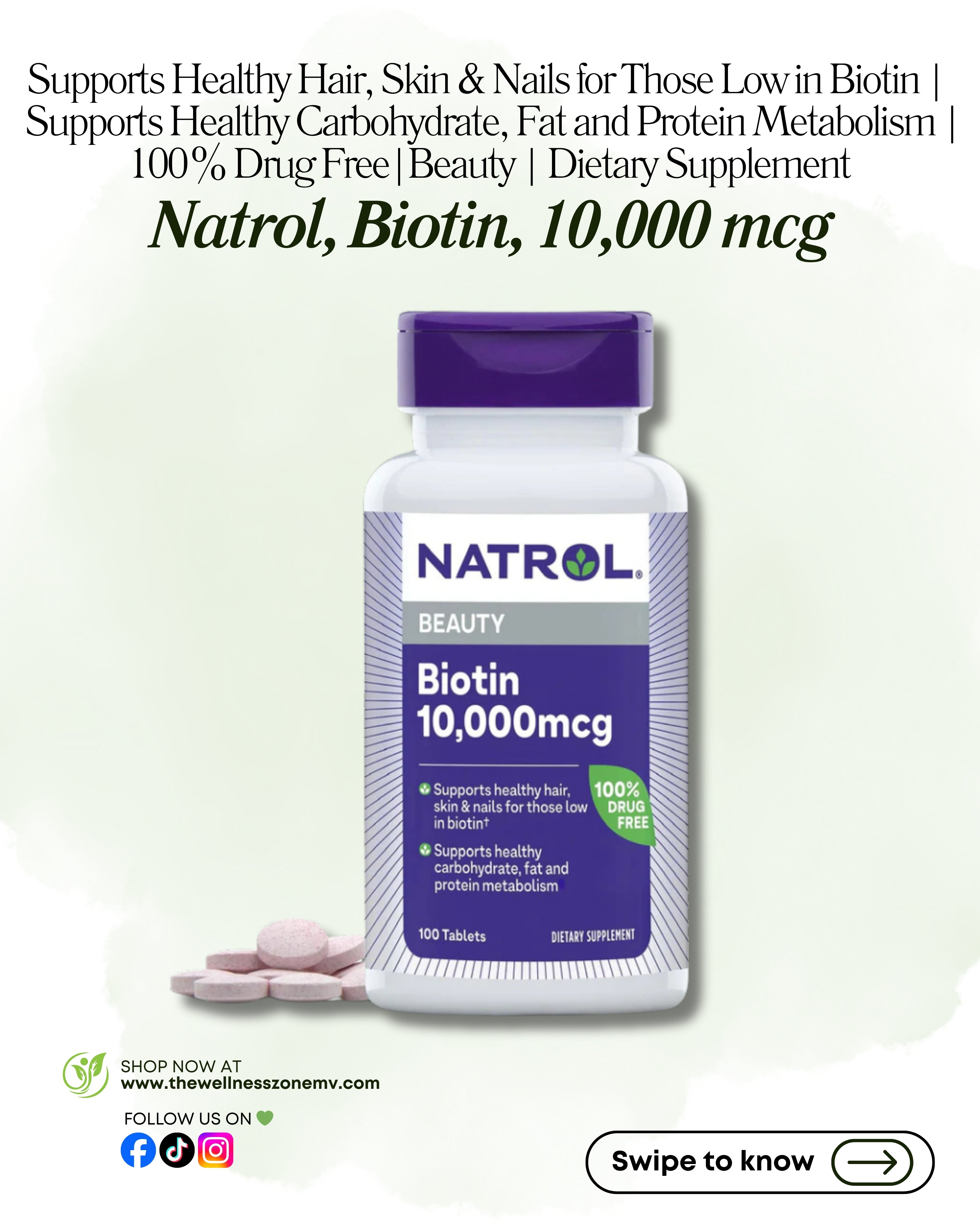 🌿 Natrol, Biotin, 100 Tablets