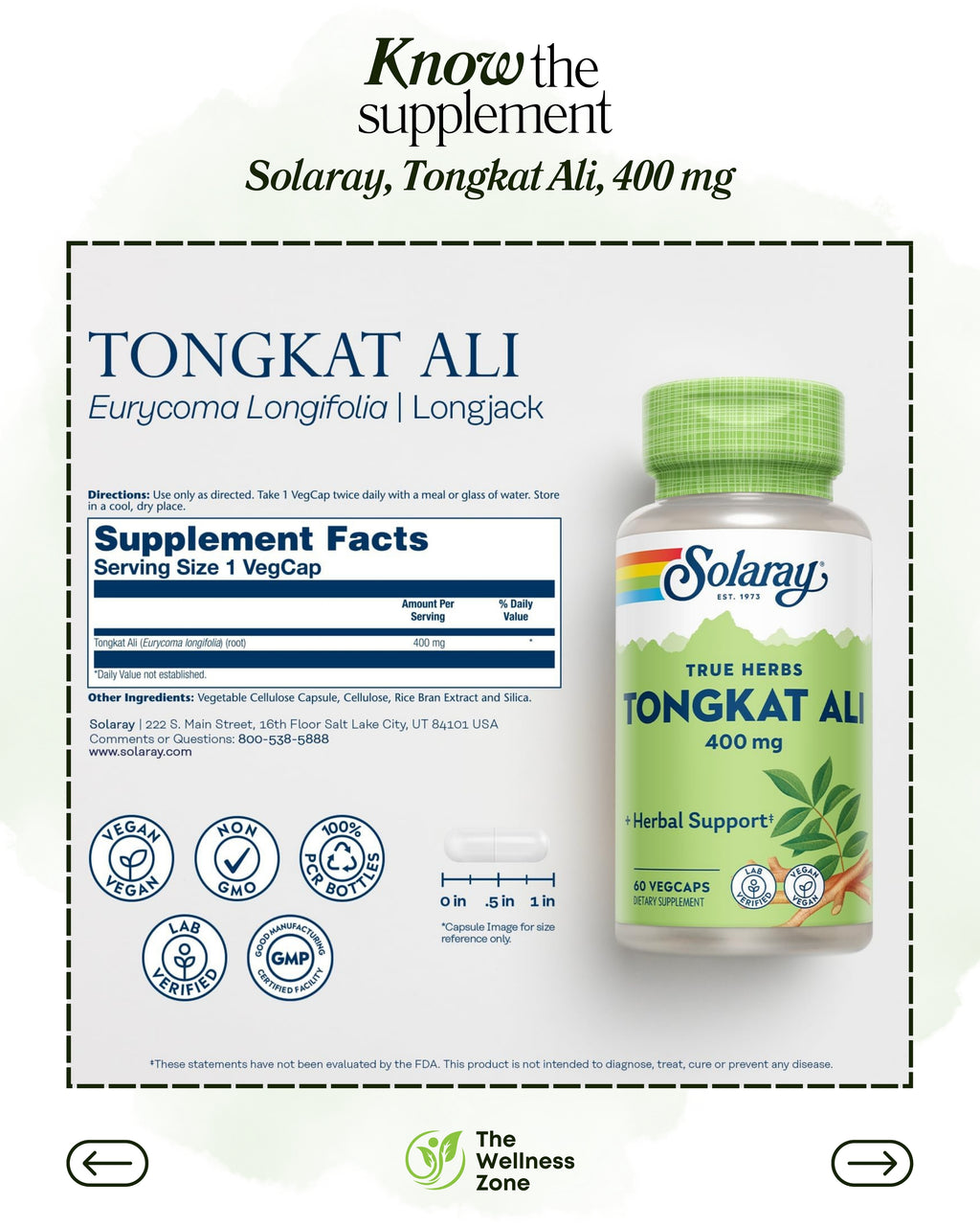 🌿 Solaray, Tongkat Ali, 400 mg, 60 VegCaps