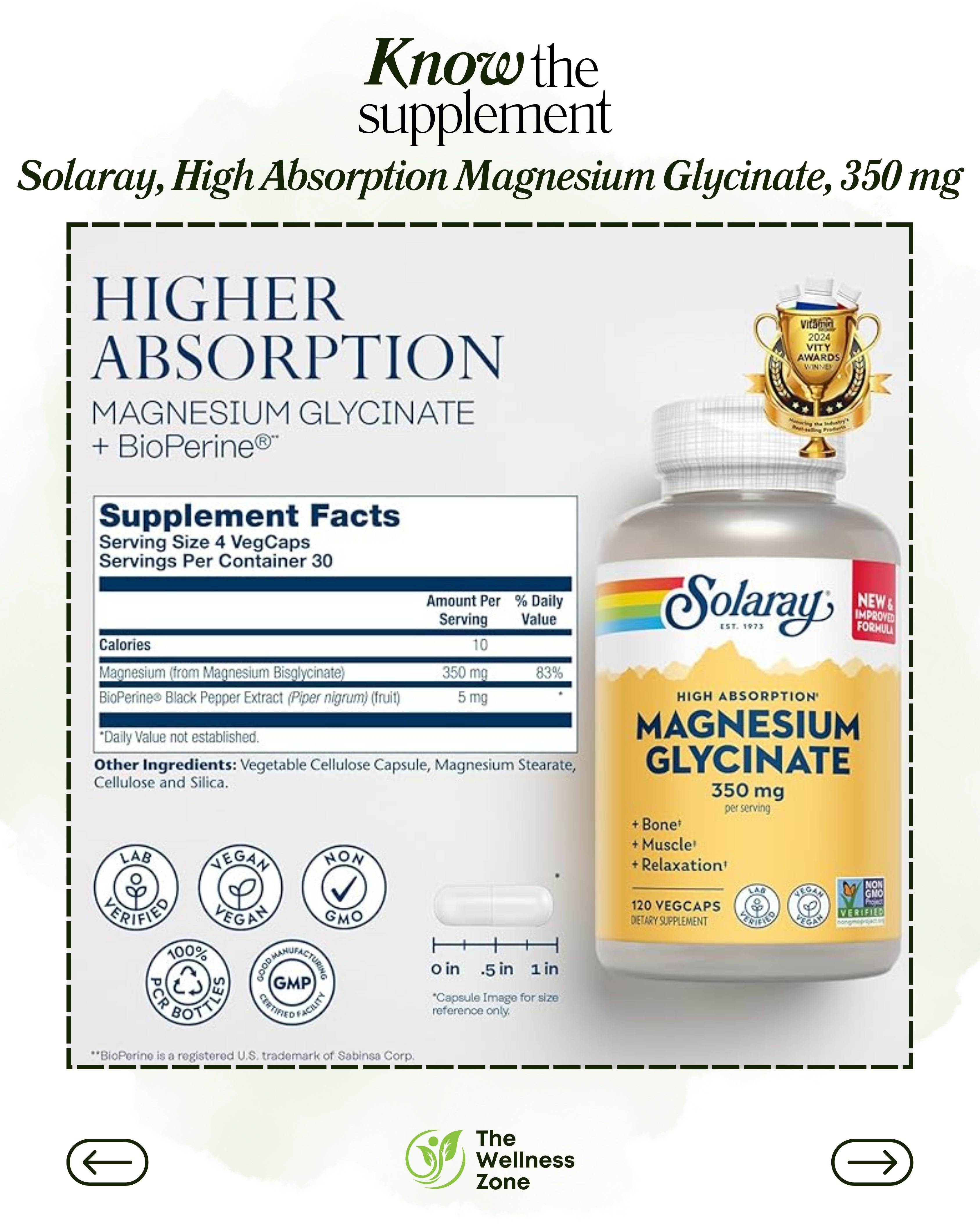 🌿 Solaray, High Absorption Magnesium Glycinate, 350 mg, 120 VegCaps