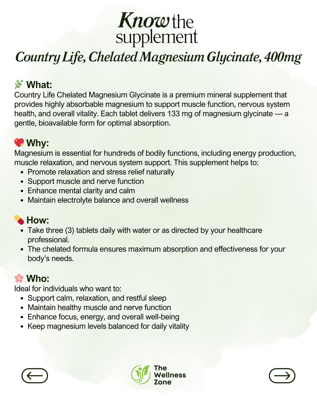 🌿 Country Life, Chelated Magnesium Glycinate, 400 mg, 90 Tablets