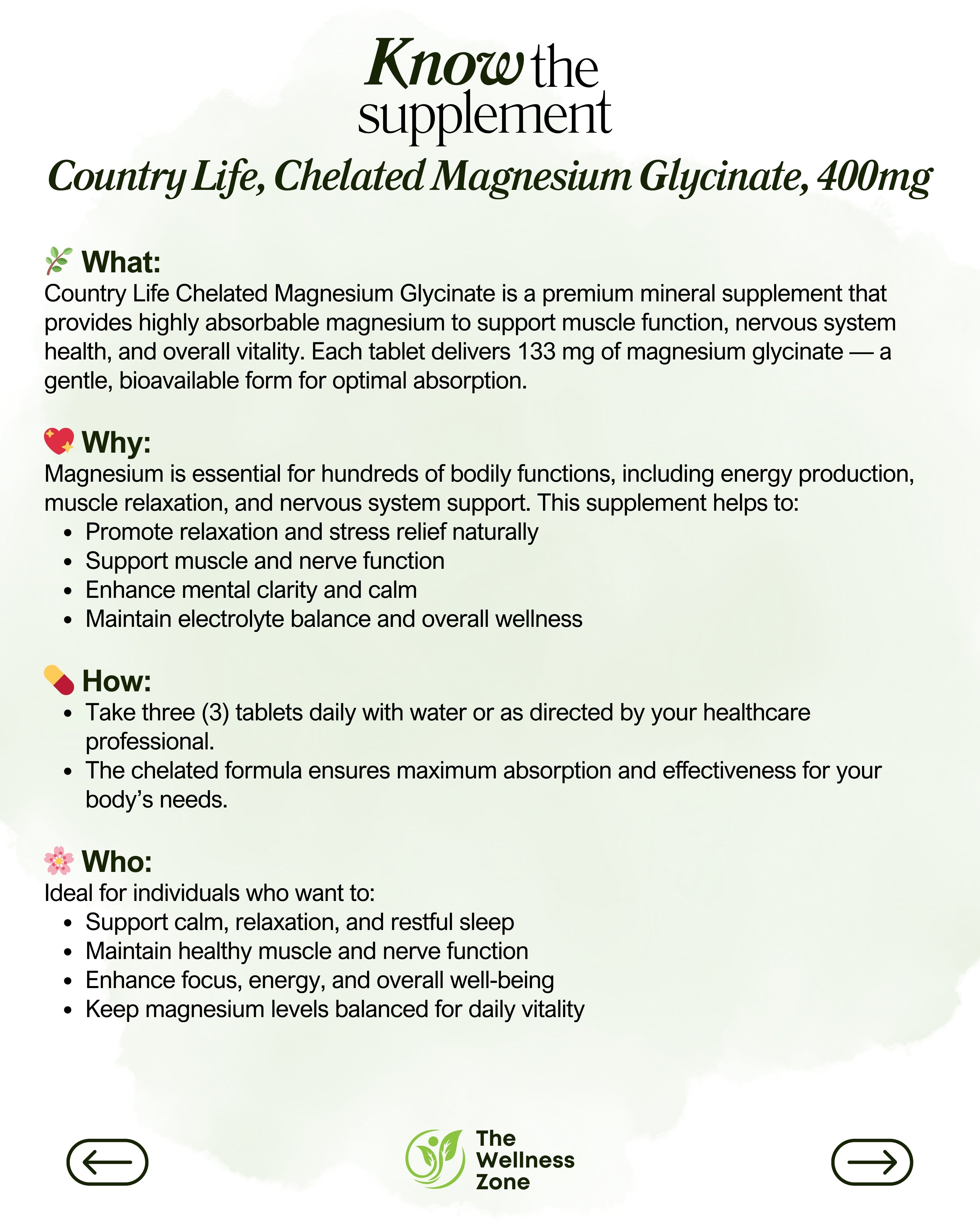 🌿 Country Life, Chelated Magnesium Glycinate, 400 mg, 90 Tablets