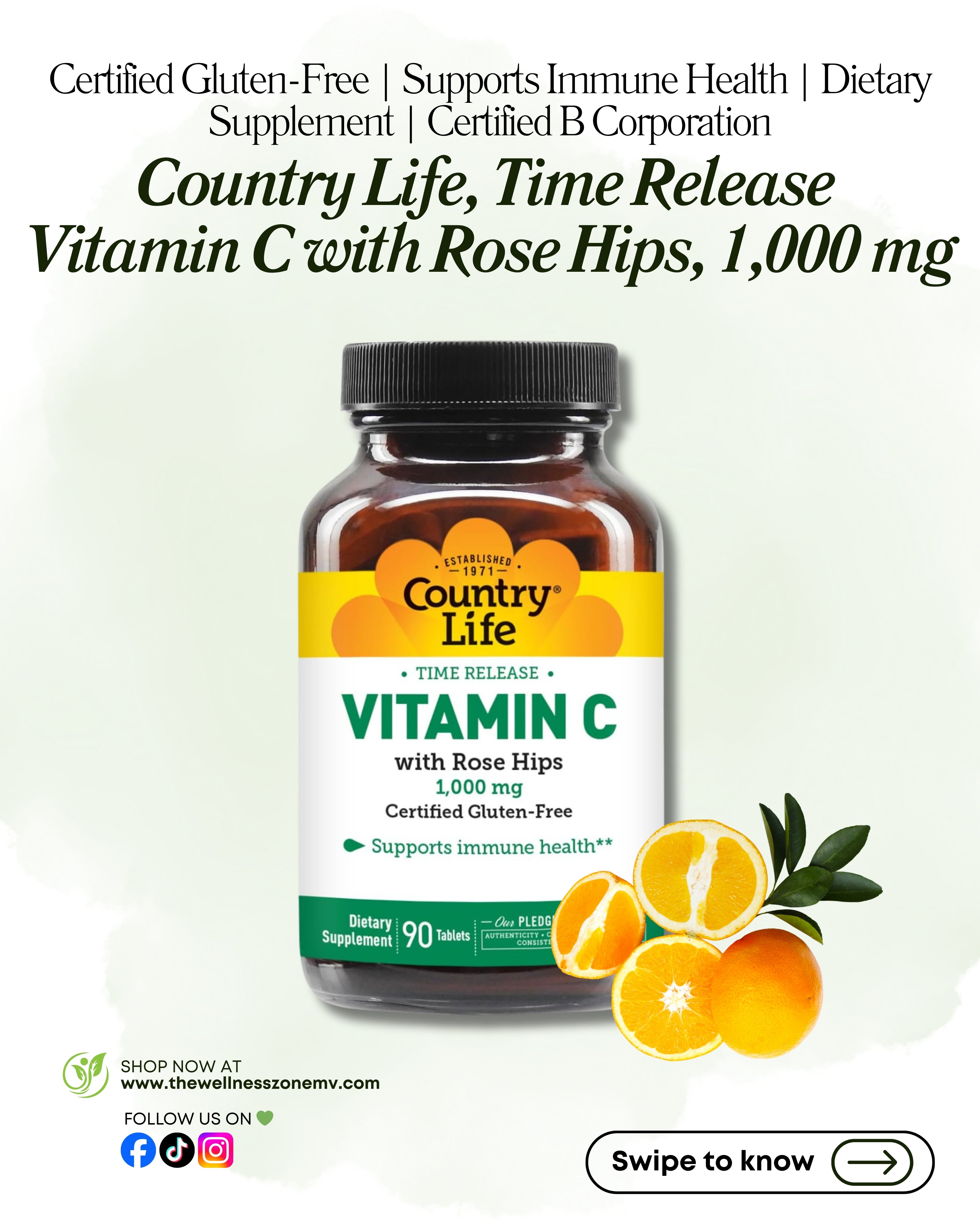 🌿 Country Life, Time Release Vitamin C with Rose Hips, 1,000 mg, 90 Tablets