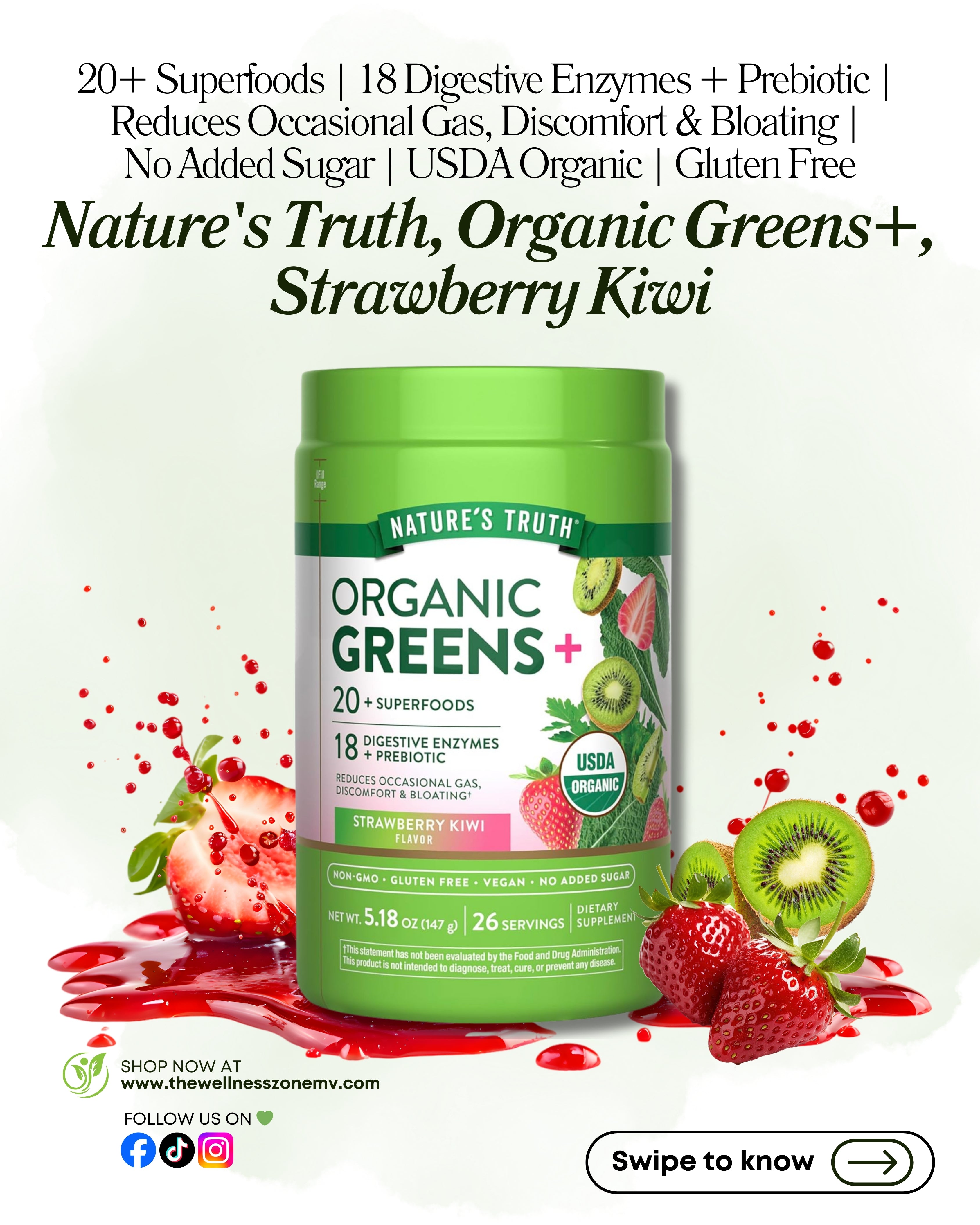 🌿 Nature's Truth, Organic Greens+, Strawberry Kiwi, 5.18 oz (147 g)