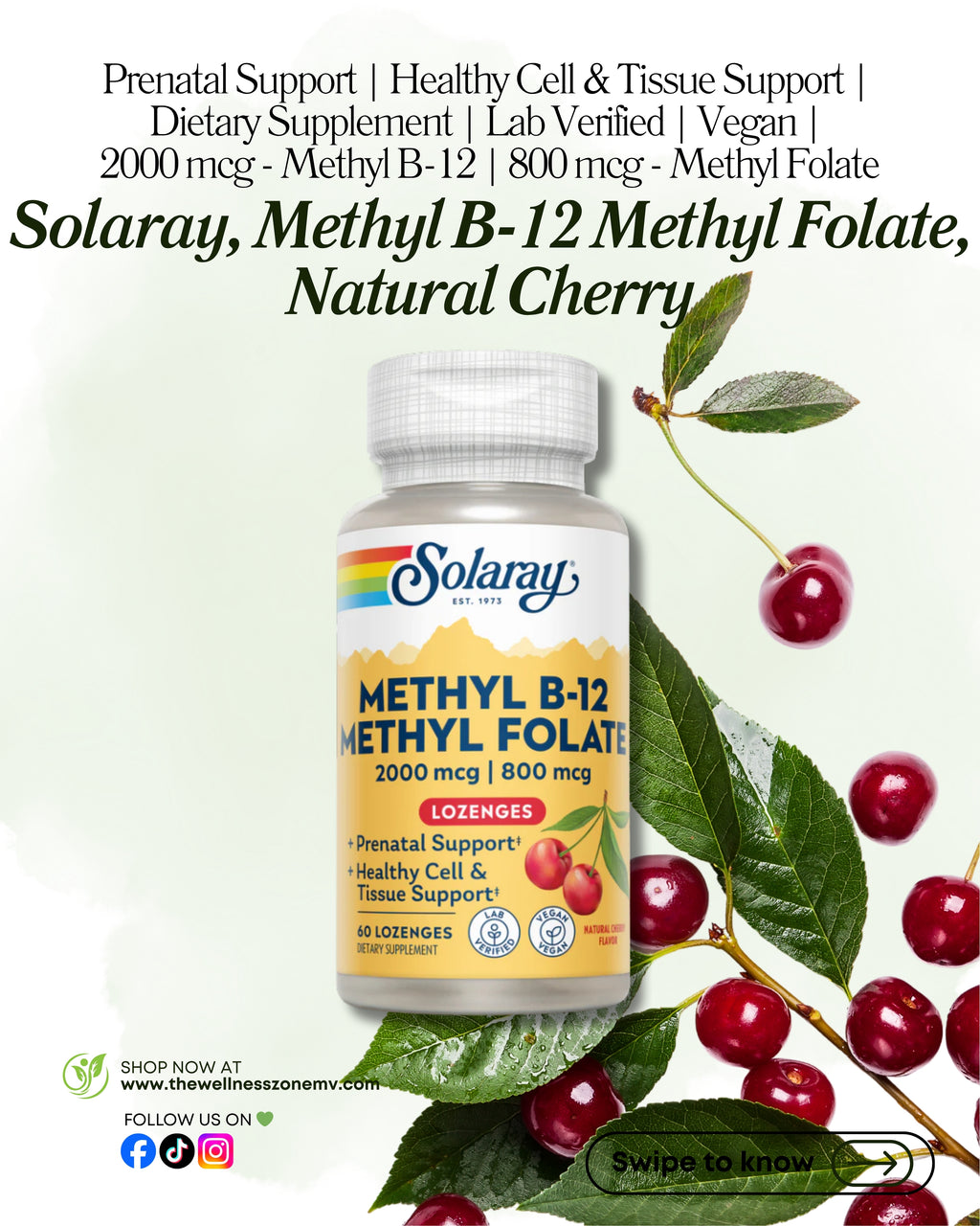 🌿 Solaray, Methyl B-12 Methyl Folate, Natural Cherry, 60 Lozenges