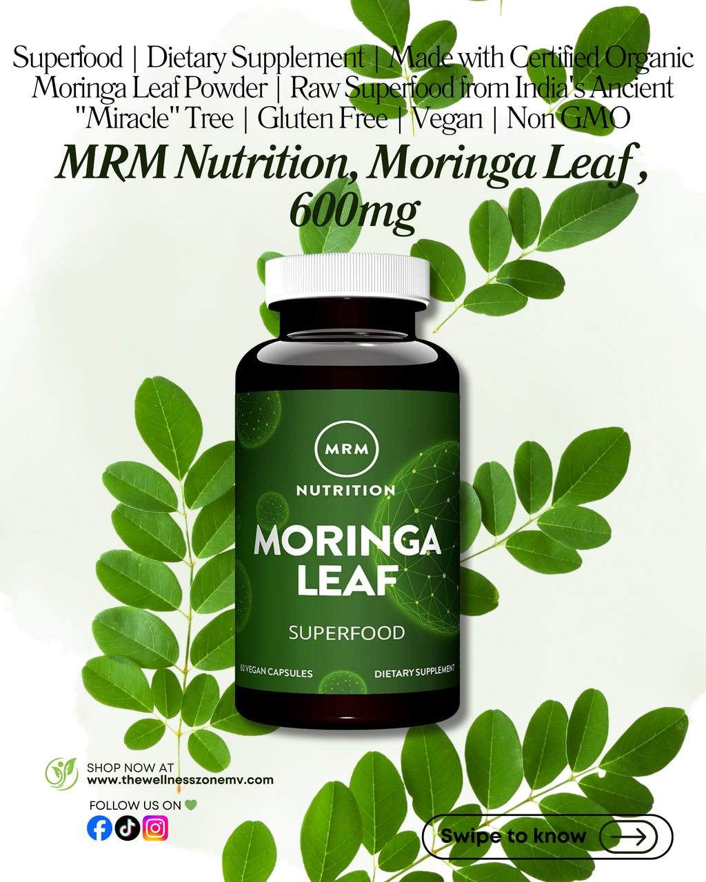 🌿 MRM Nutrition, Moringa Leaf, 60 Vegan Capsules (600 mg per Capsule)