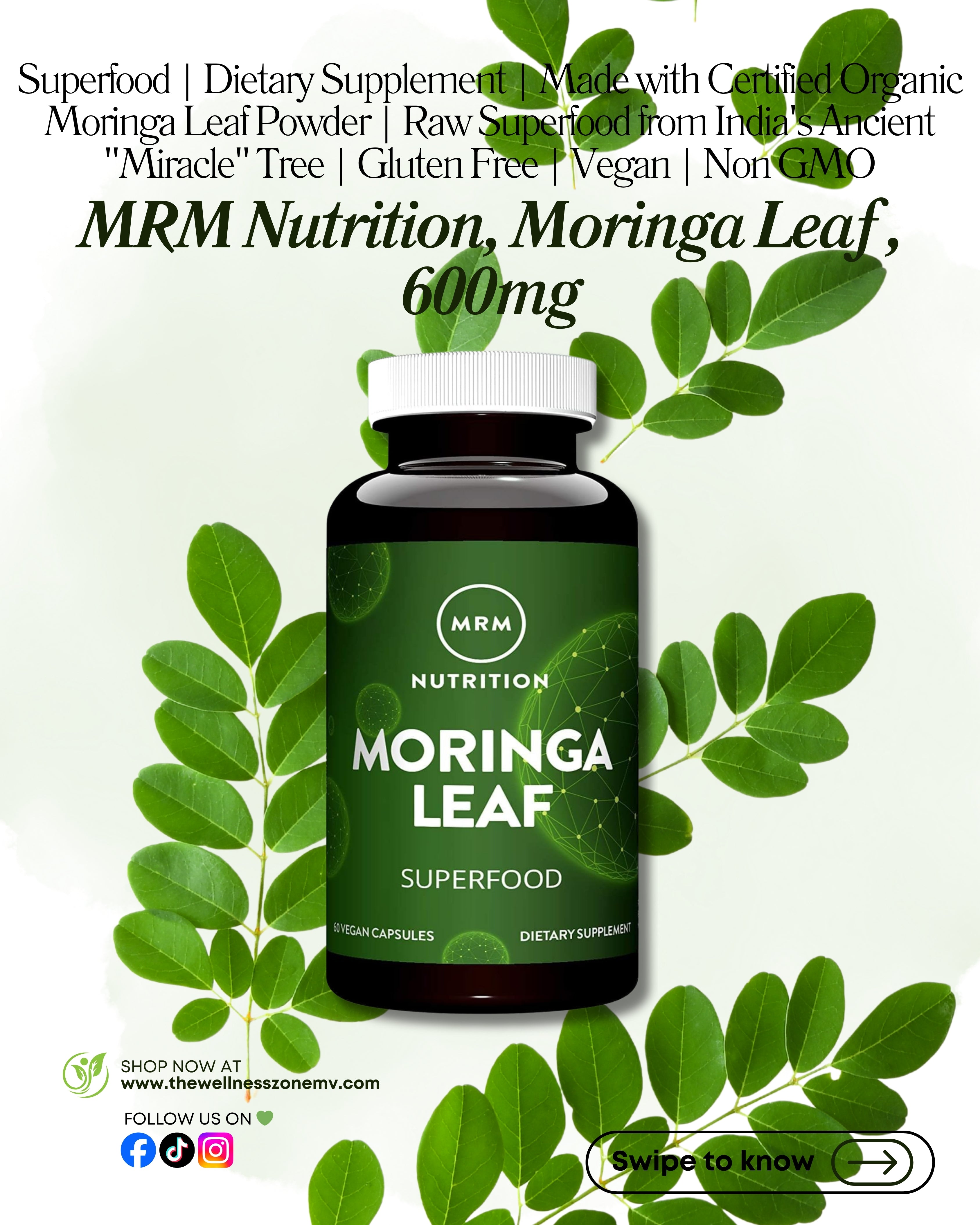 🌿 MRM Nutrition, Moringa Leaf, 60 Vegan Capsules (600 mg per Capsule)