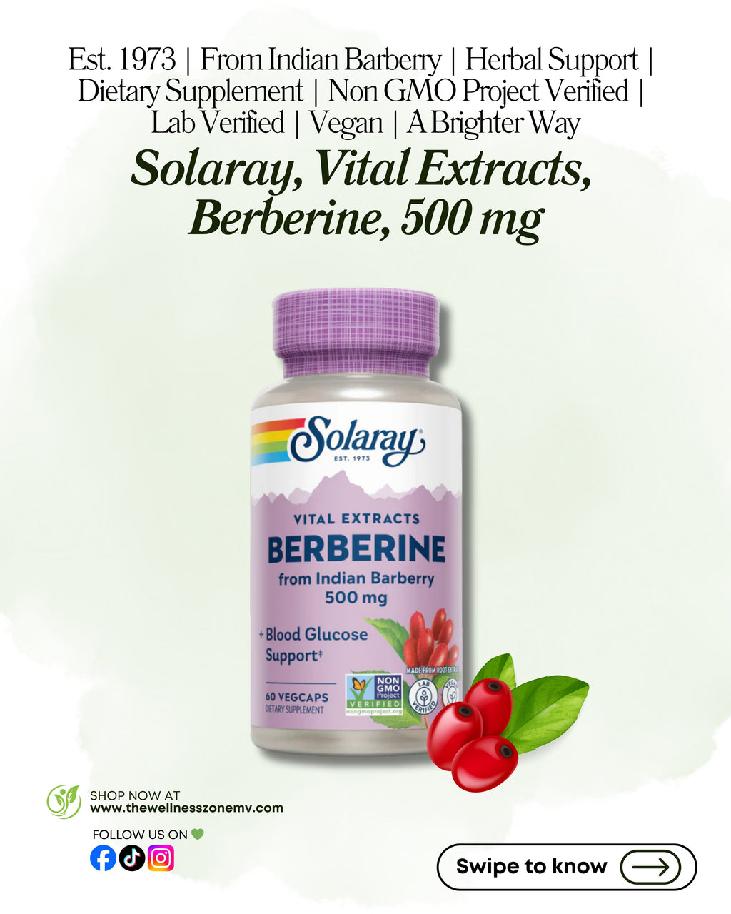 🌿 Solaray, Vital Extracts, Berberine, 500 mg, 60 VegCaps