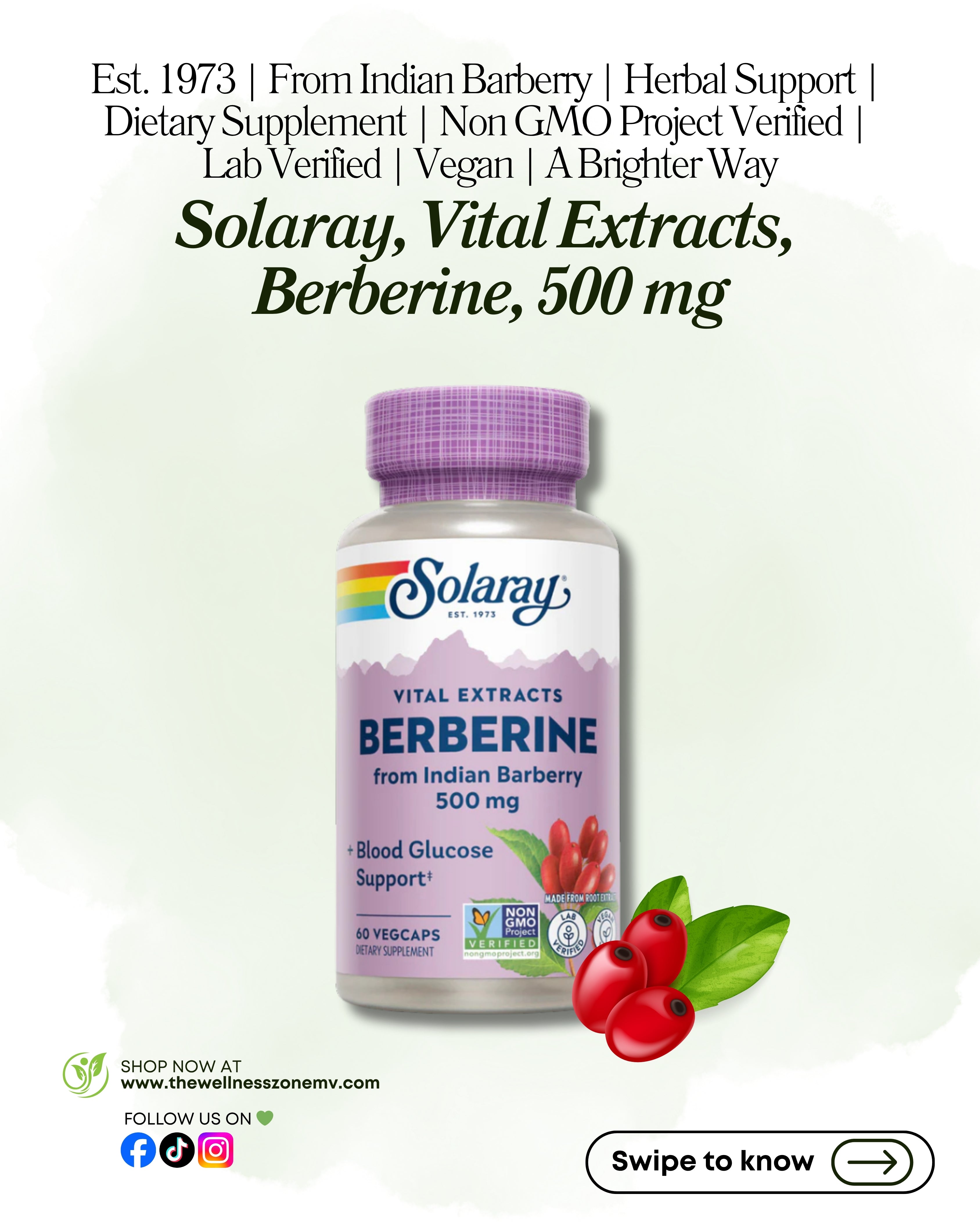 🌿 Solaray, Vital Extracts, Berberine, 500 mg, 60 VegCaps