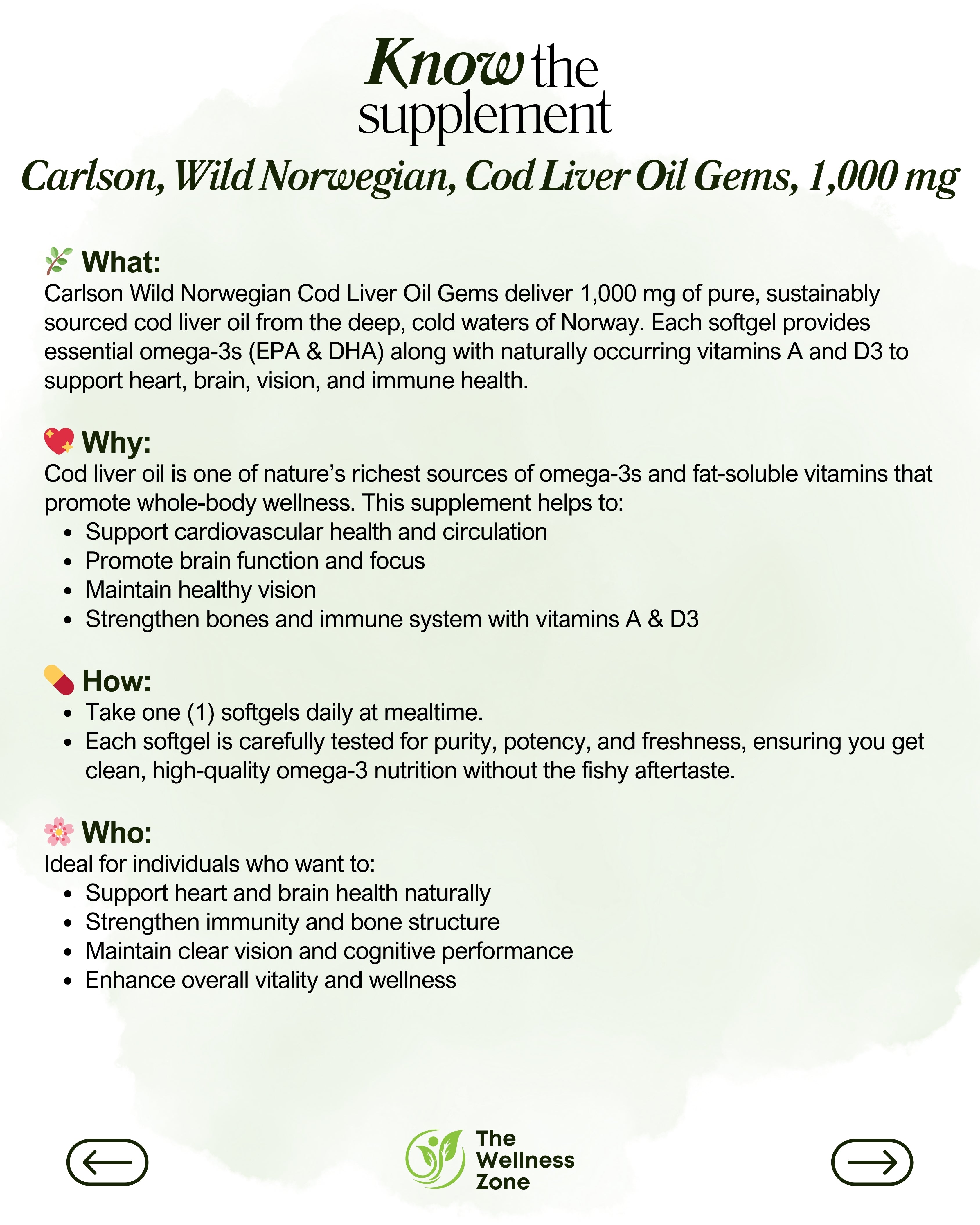 🌿 Carlson, Wild Norwegian, Cod Liver Oil Gems, 1,000 mg, 100 Soft Gels
