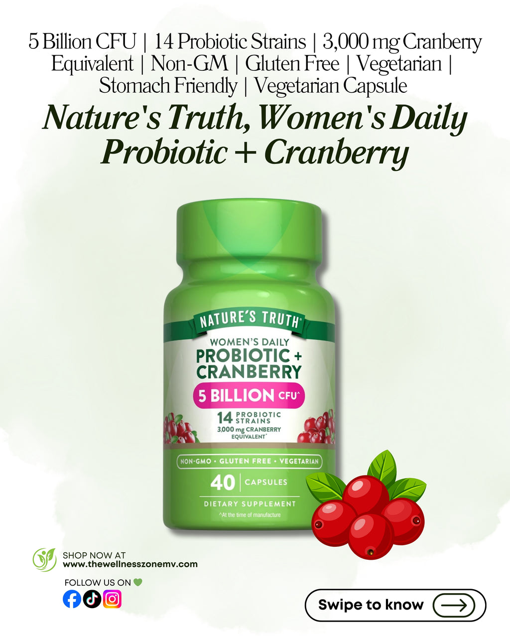 🌿 Nature's Truth, Women's Daily Probiotic + Cranberry, 40 Capsules