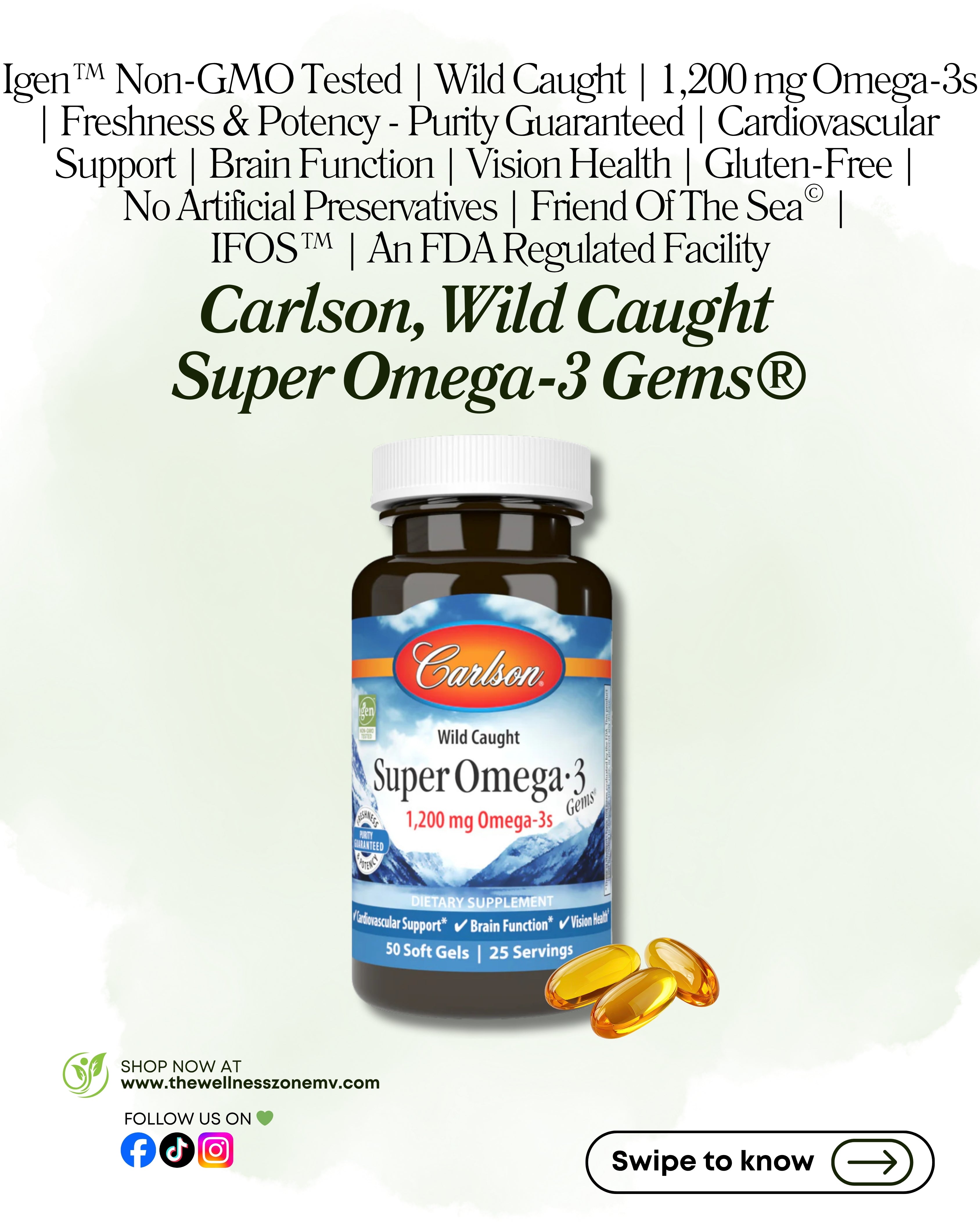 🌿 Carlson, Wild Caught Super Omega-3 Gems, 50 Soft Gels