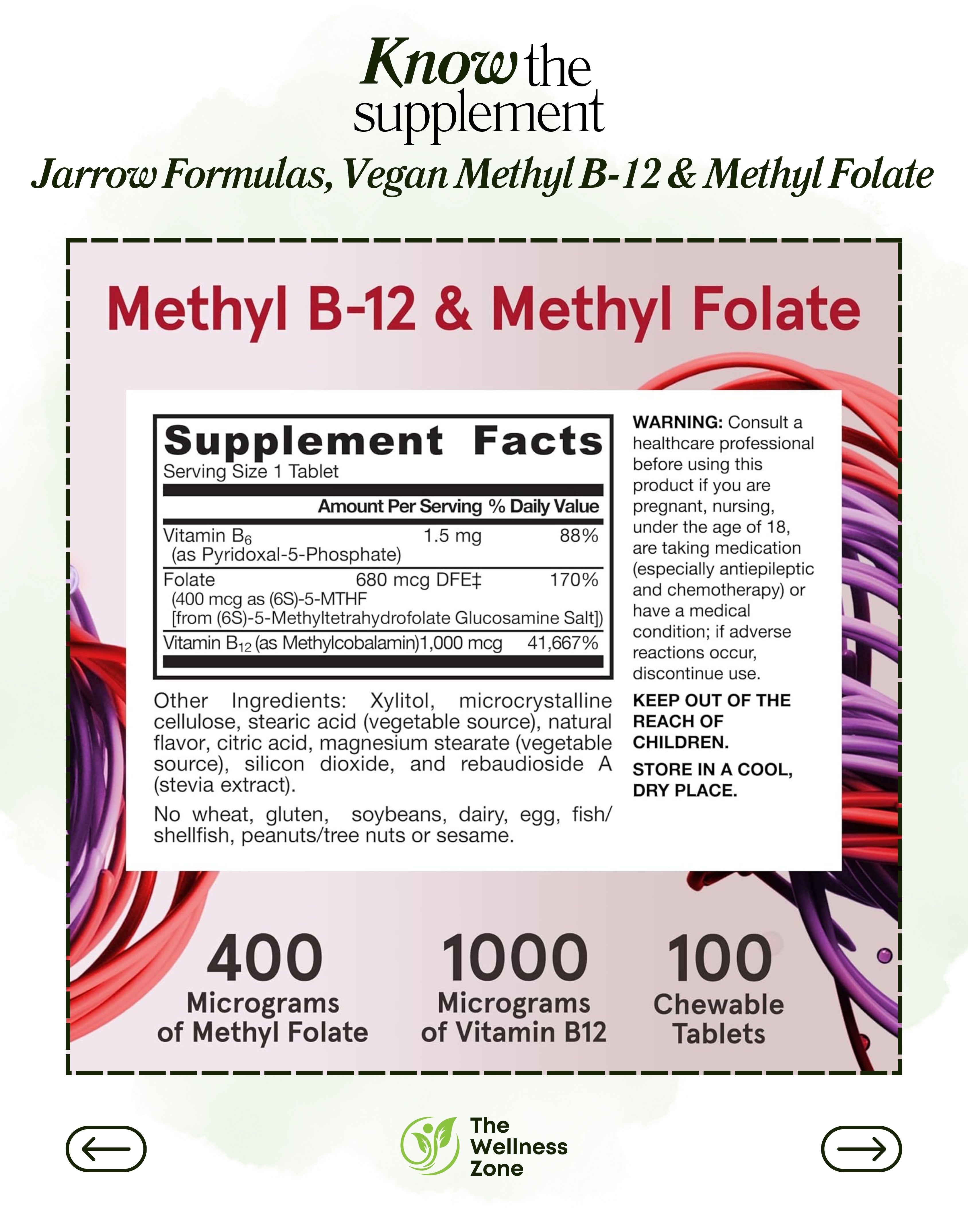 🌿 Jarrow Formulas, Vegan Methyl B-12 & Methyl Folate, Lemon, 100 Chewable Tablets