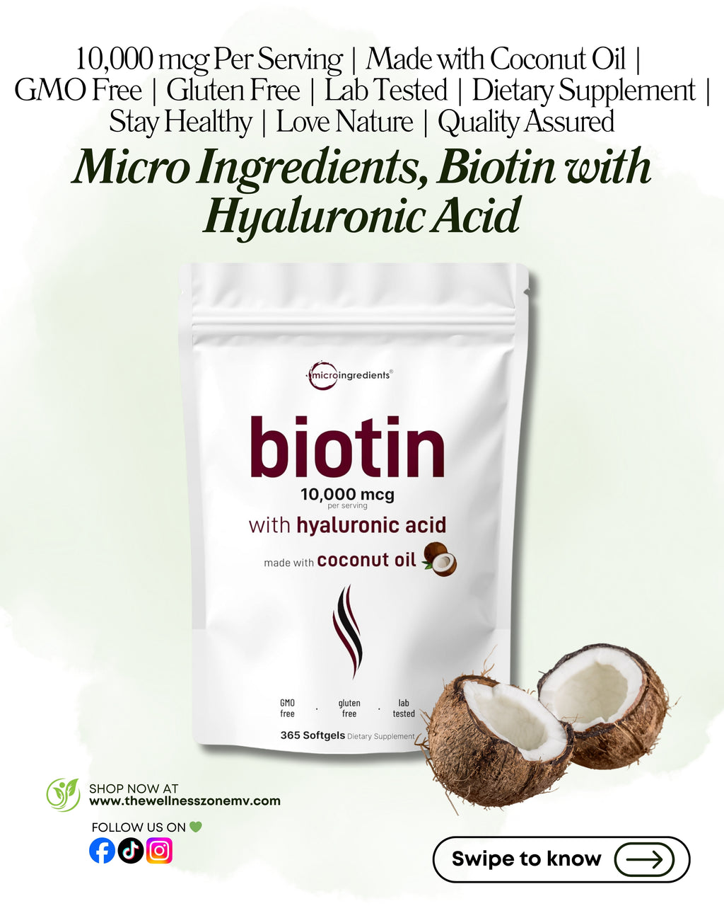 🌿 Micro Ingredients, Biotin with Hyaluronic Acid, 365 Softgels
