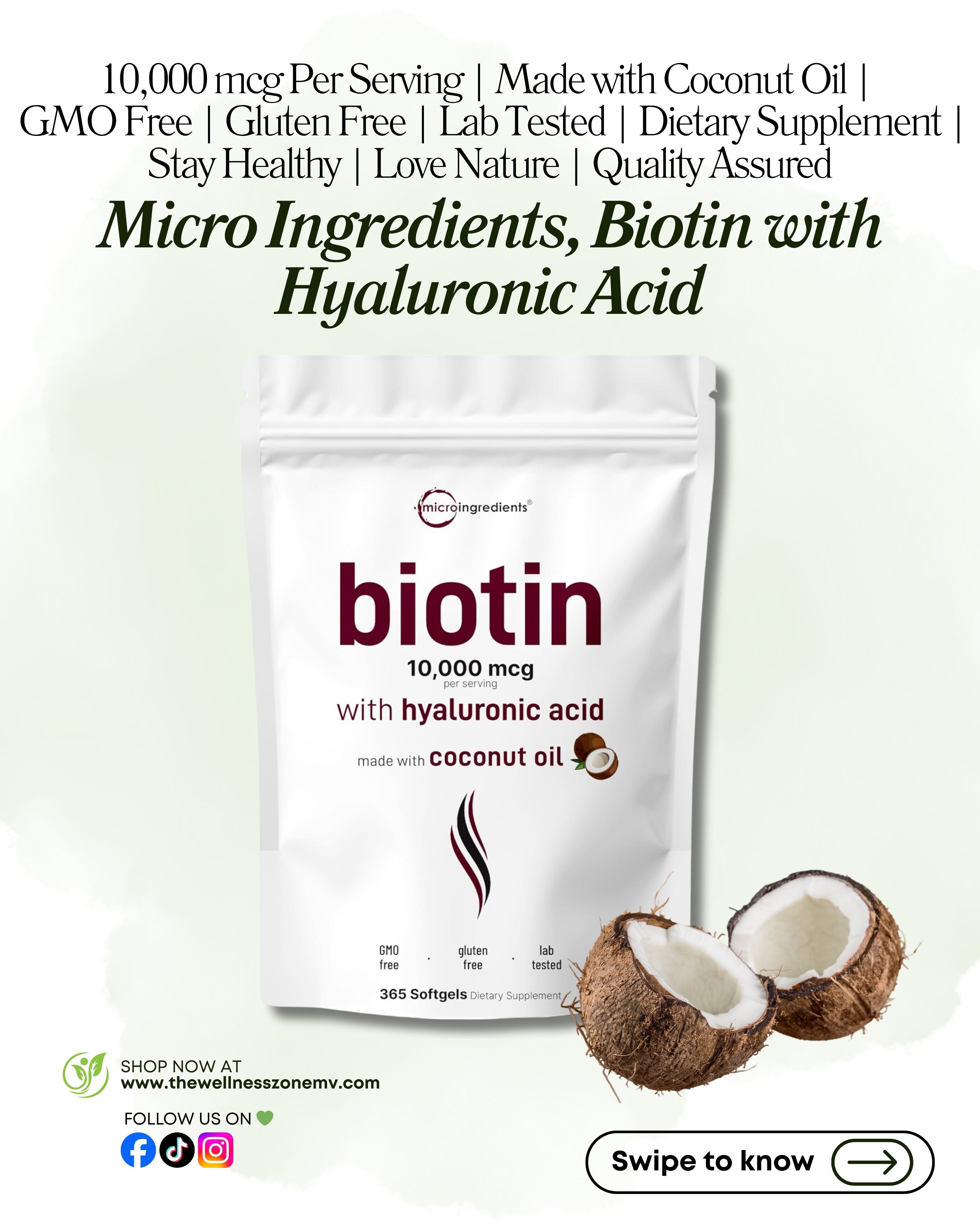 🌿 Micro Ingredients, Biotin with Hyaluronic Acid, 365 Softgels