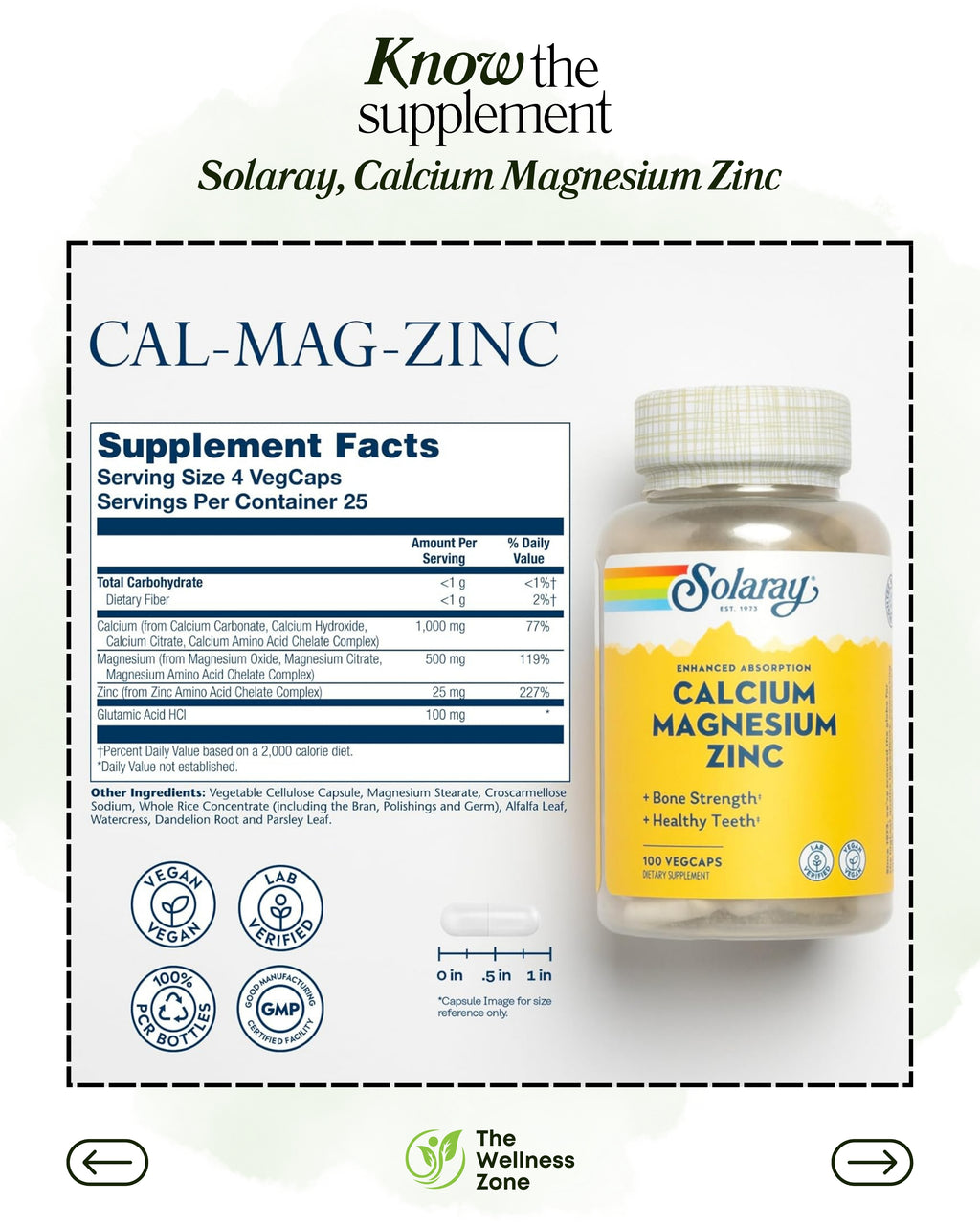 🌿 Solaray, Calcium Magnesium Zinc, 100 VegCaps