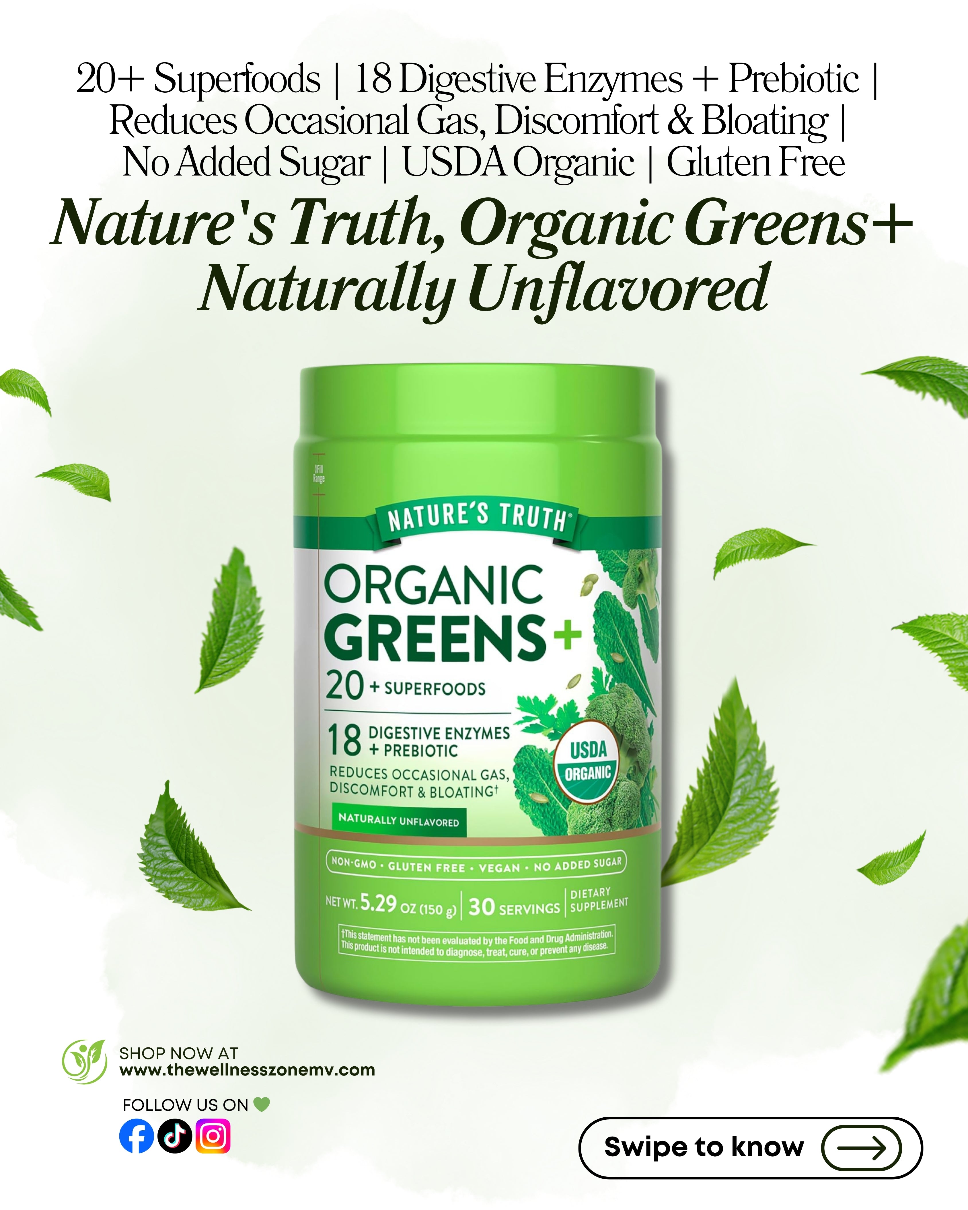 🌿 Nature's Truth, Organic Greens+, Naturally Unflavored, 5.29 oz (150 g)