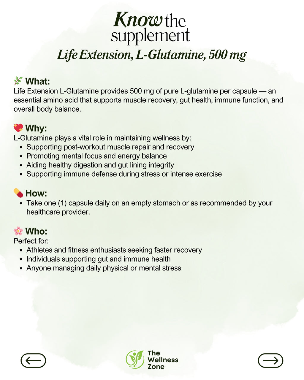 🌿 Life Extension, L-Glutamine, 500 mg, 100 Vegetarian Capsules
