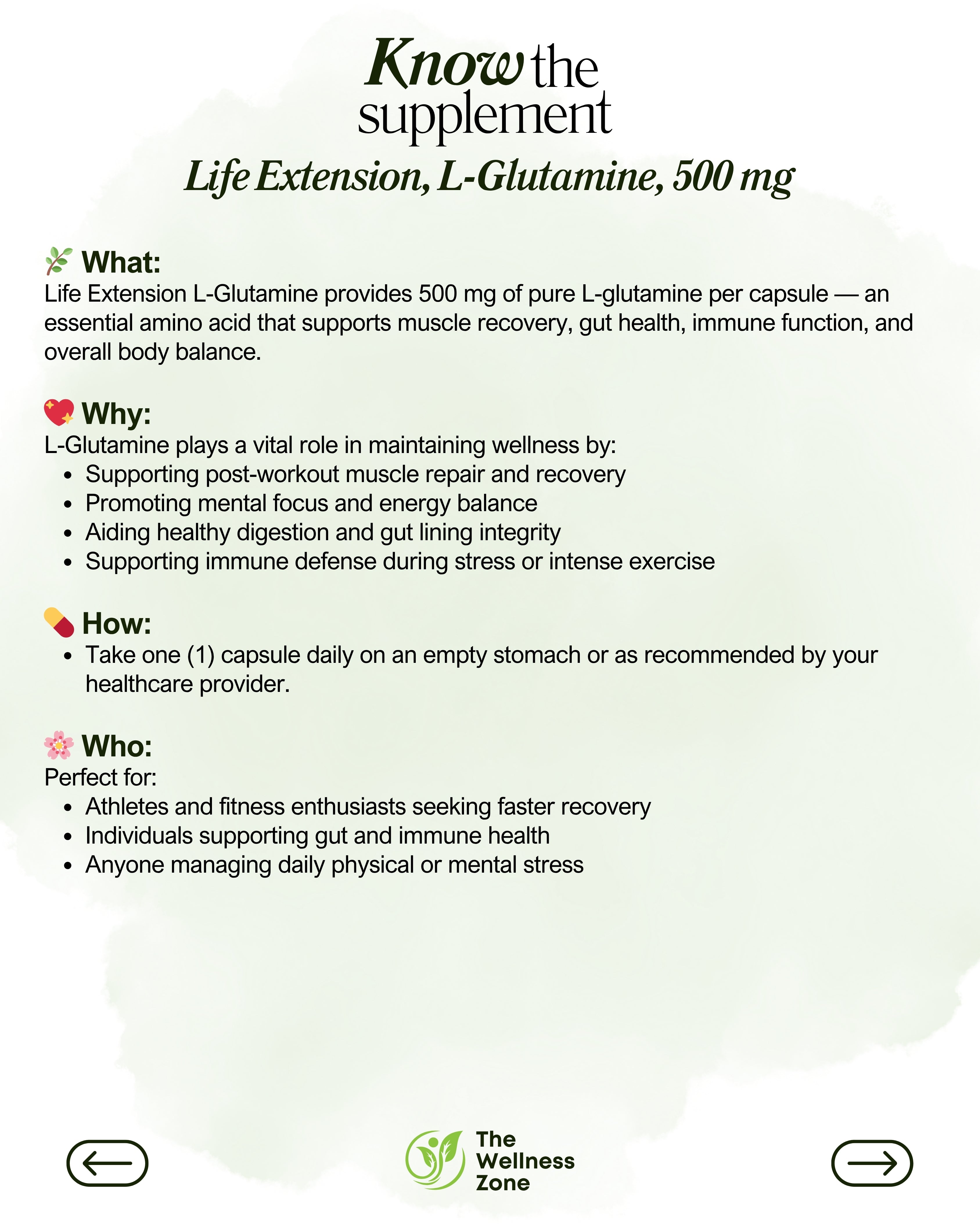 🌿 Life Extension, L-Glutamine, 500 mg, 100 Vegetarian Capsules