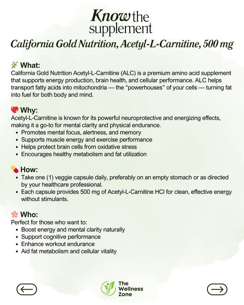 California Gold Nutrition, Acetyl-L-Carnitine, 500 mg, 60 Veggie Capsules