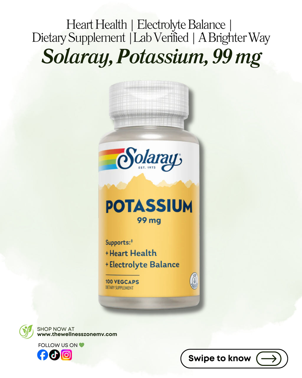 🌿 Solaray, Potassium, 99 mg, 100 VegCaps